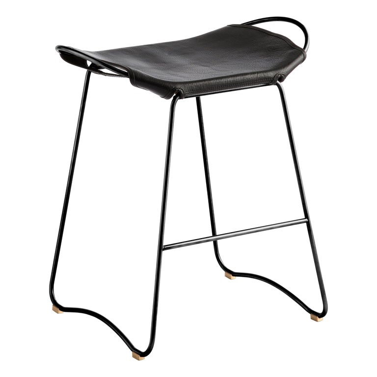 Sculptural Contemporary Bar Stool, Black Smoke Metal and Black Leather