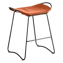 Sculptural Contemporary Bar Stool, Black Smoke Metal & Natural Tobacco Leather