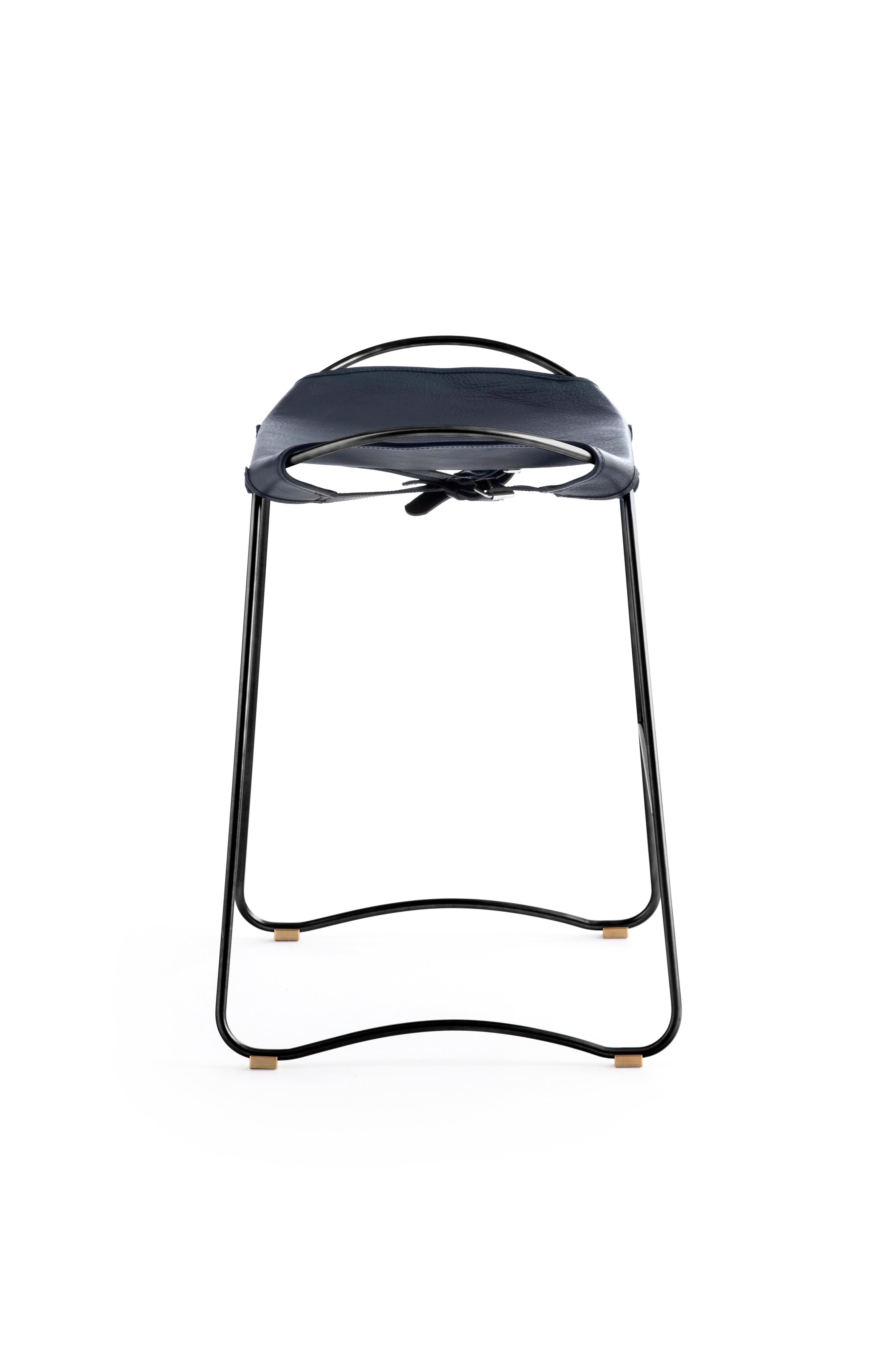 Modern Organic Sculptural Contemporary Bar Stool Black Smoke Metal & Navy Blue Leather For Sale