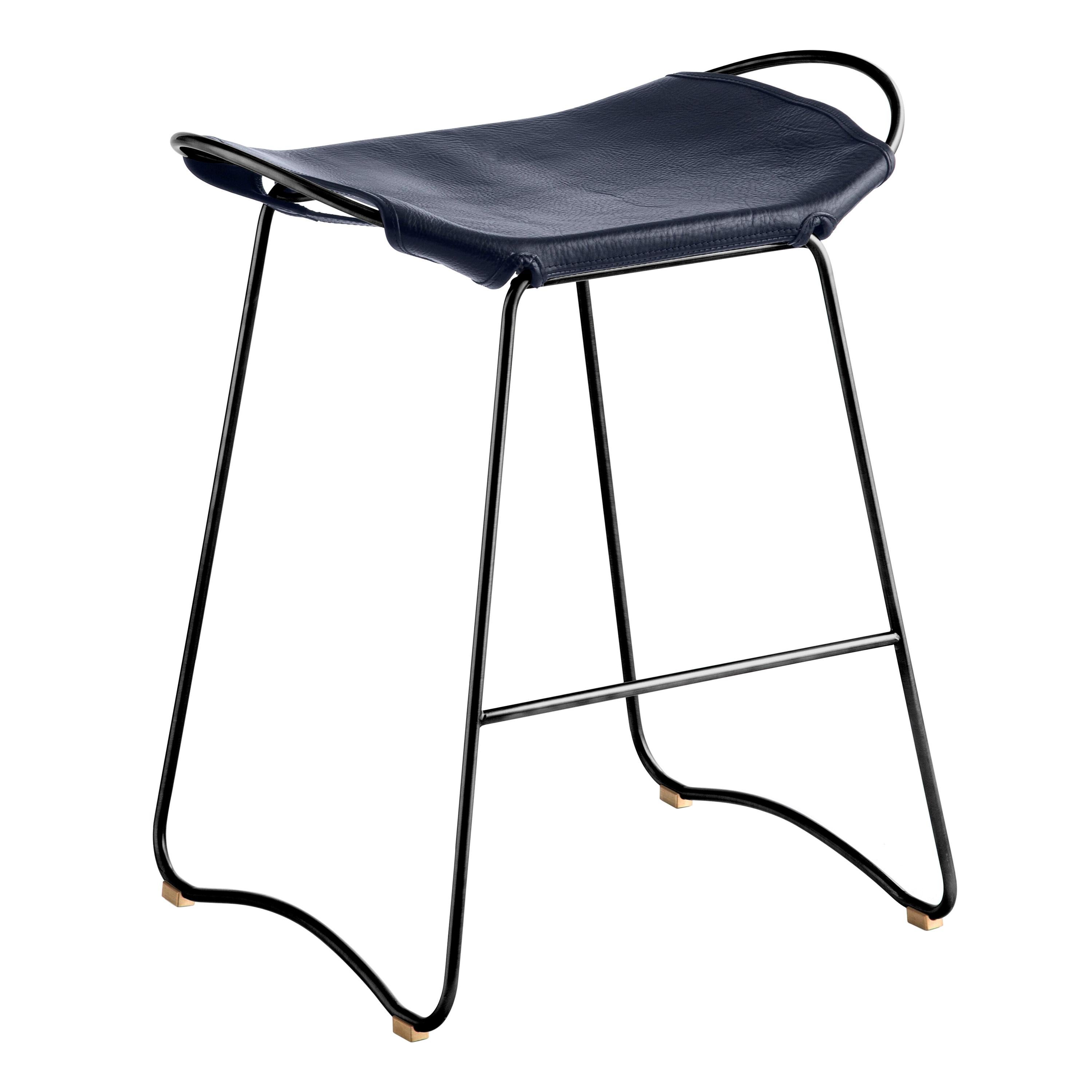 Organic Sculptural Contemporary Bar Stool Black Smoke Metal & Navy Blue Leather  For Sale