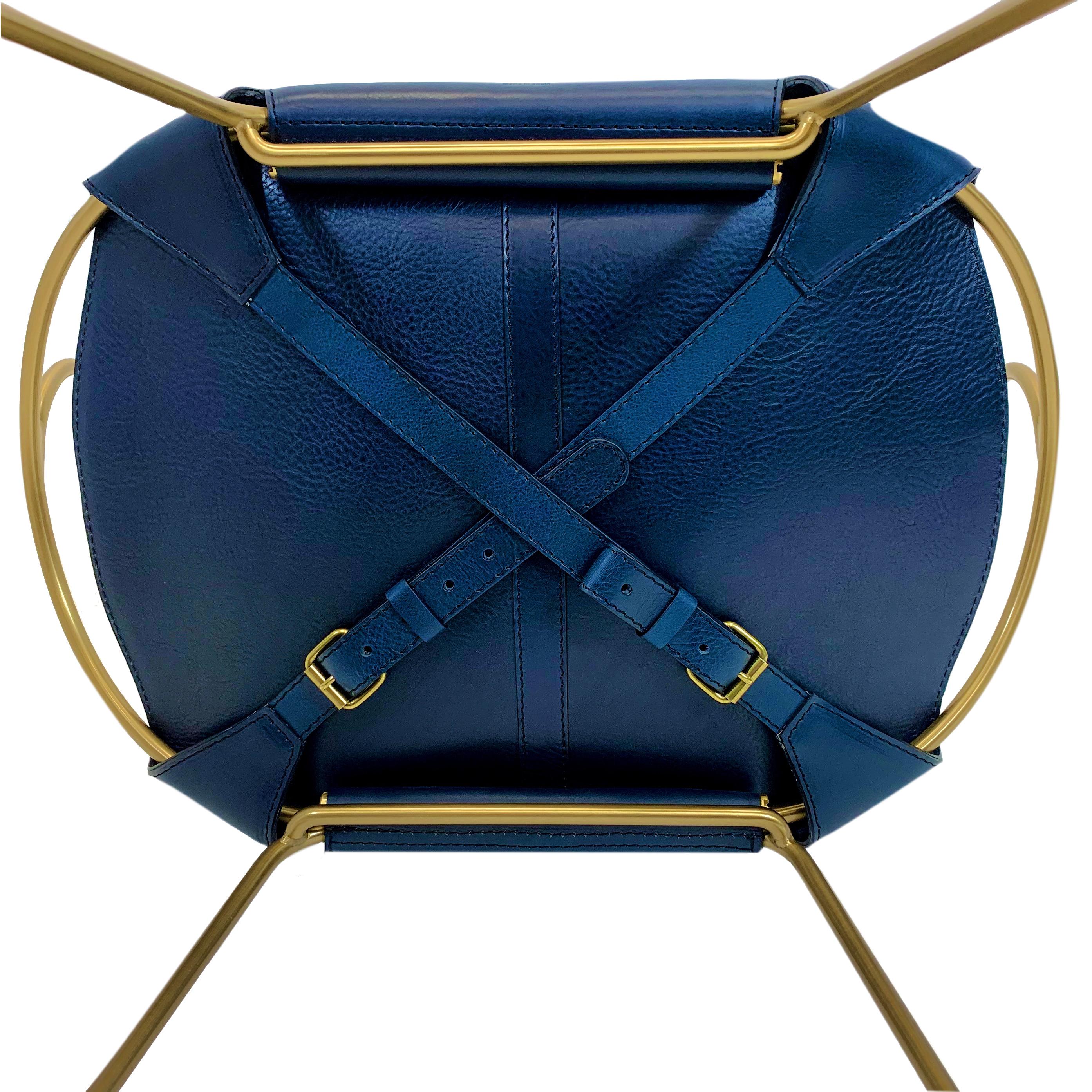 Organic Sculptural Contemporary Bar Stool Black Smoke Metal & Navy Blue Leather For Sale 8
