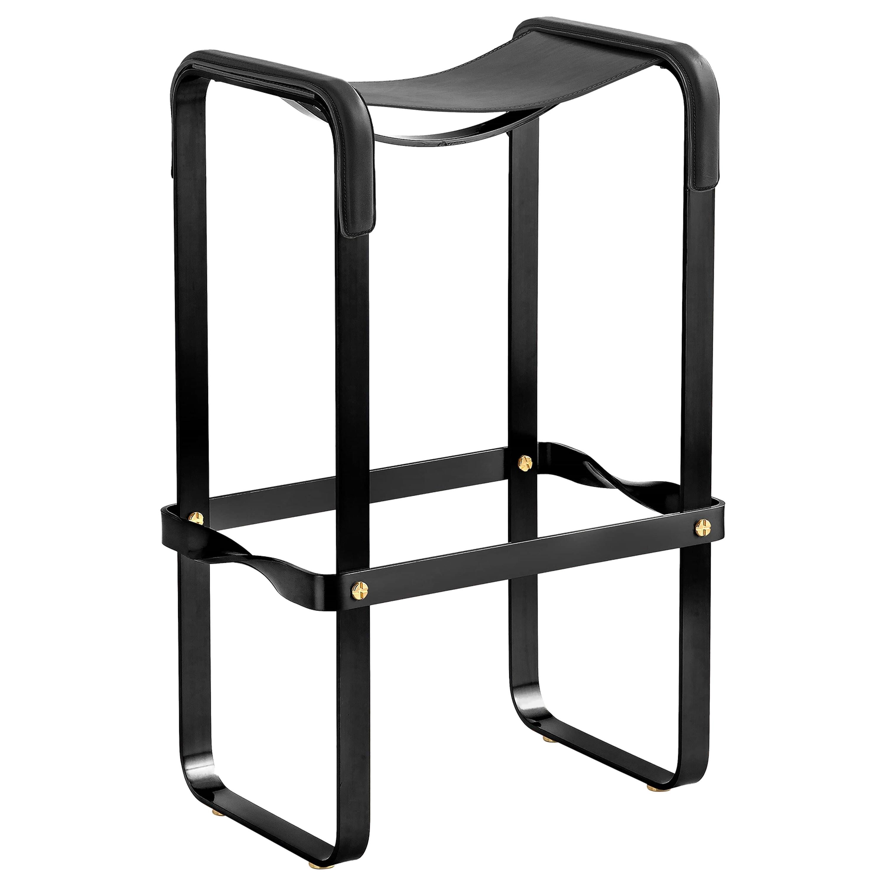 Contemporary Classic Bar Stool Black Smoke Metal & Black Leather For Sale