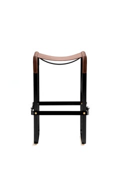 Classic Elegant Contemporary Bar Stool Black Smoke Metal & Dark Brown Leather