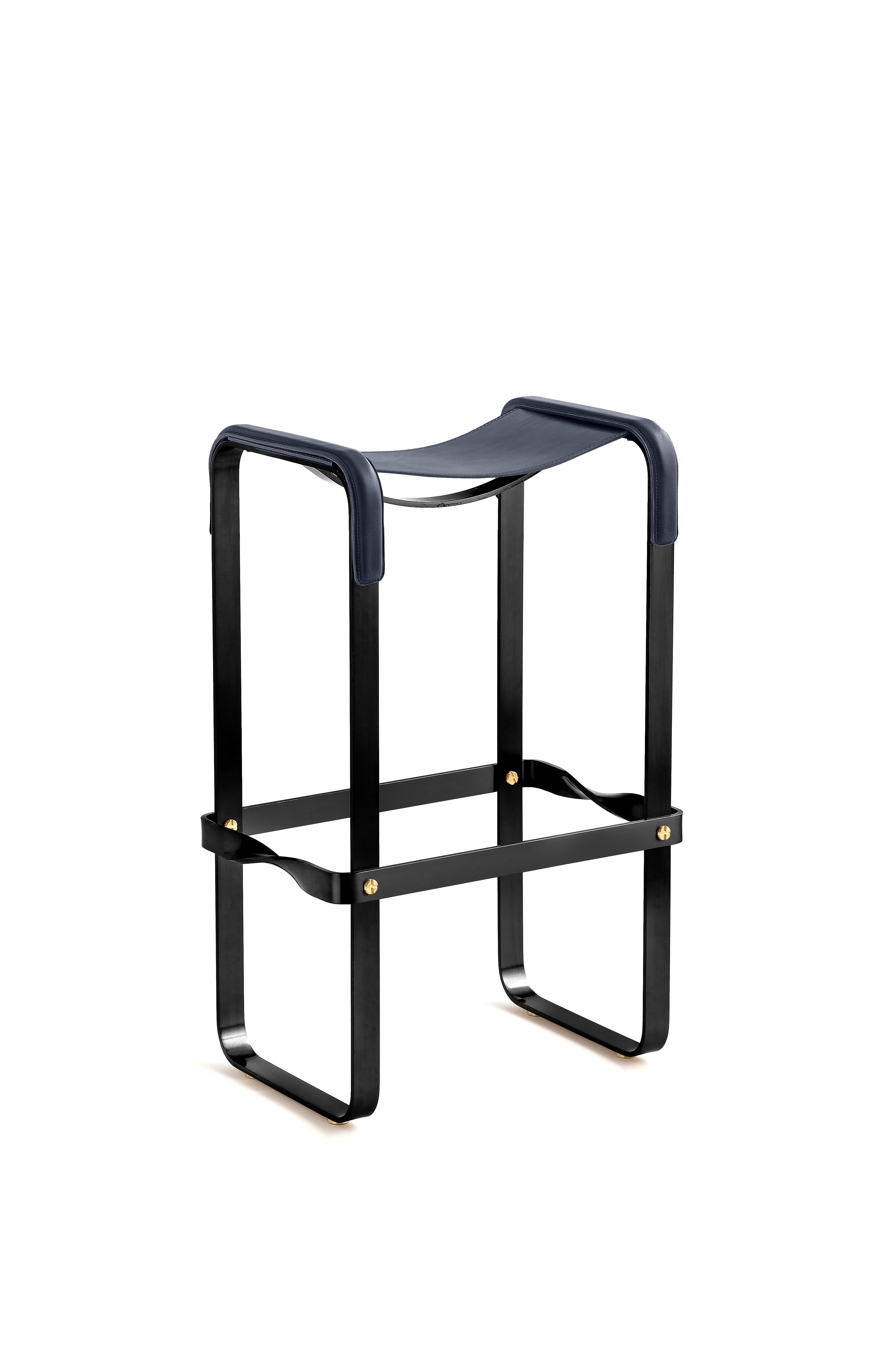 Vegetable Dyed Contemporary Classic Bar Stool Black Smoke Steel & Navy Blue Leather For Sale