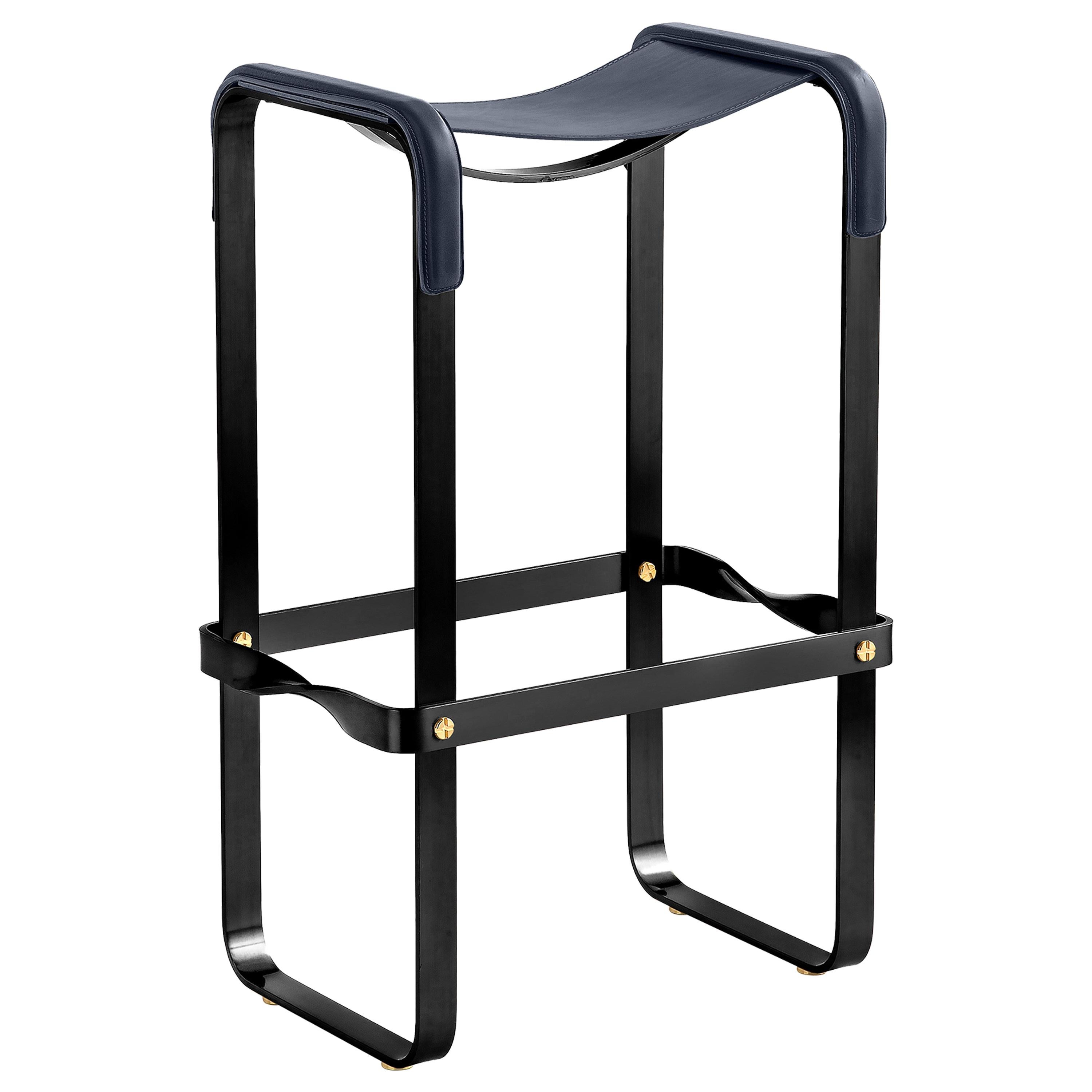 Contemporary Classic Bar Stool Black Smoke Steel & Navy Blue Leather For Sale