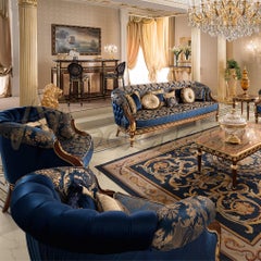 Bar Stool in Black Finish with Gold Leaf Finish and Blue Italian Fabric