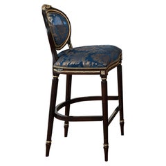 Bar Stool in Black Finish with Gold Leaf Finish and Blue Italian Fabric
