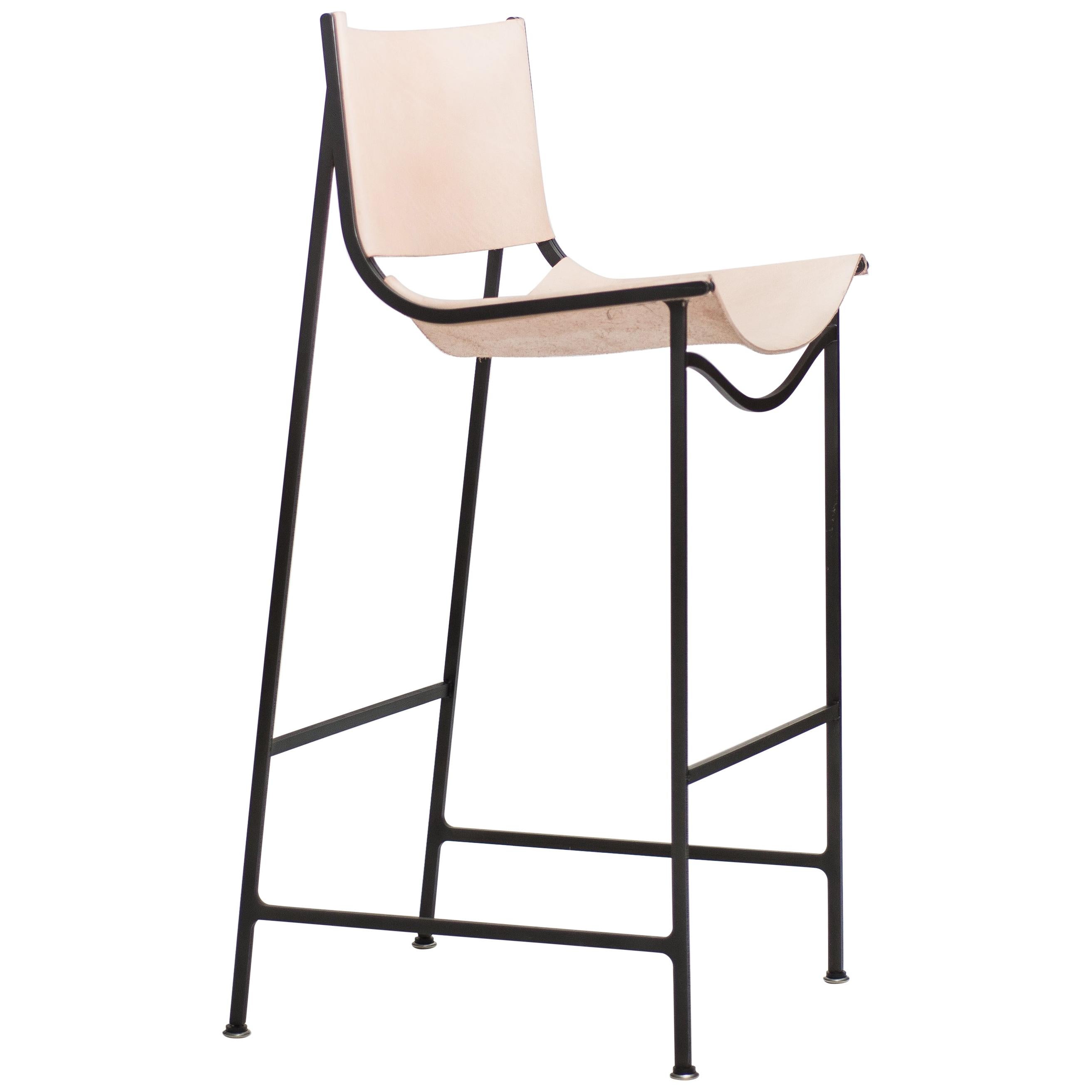 Bar Stool in Blackened Laser-Cut Steel Frame and Veg Tan Leather Sling