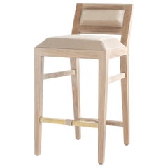 Bar Stool in Bleached Solid Walnut with Leather and Fabric Upholstered Seat