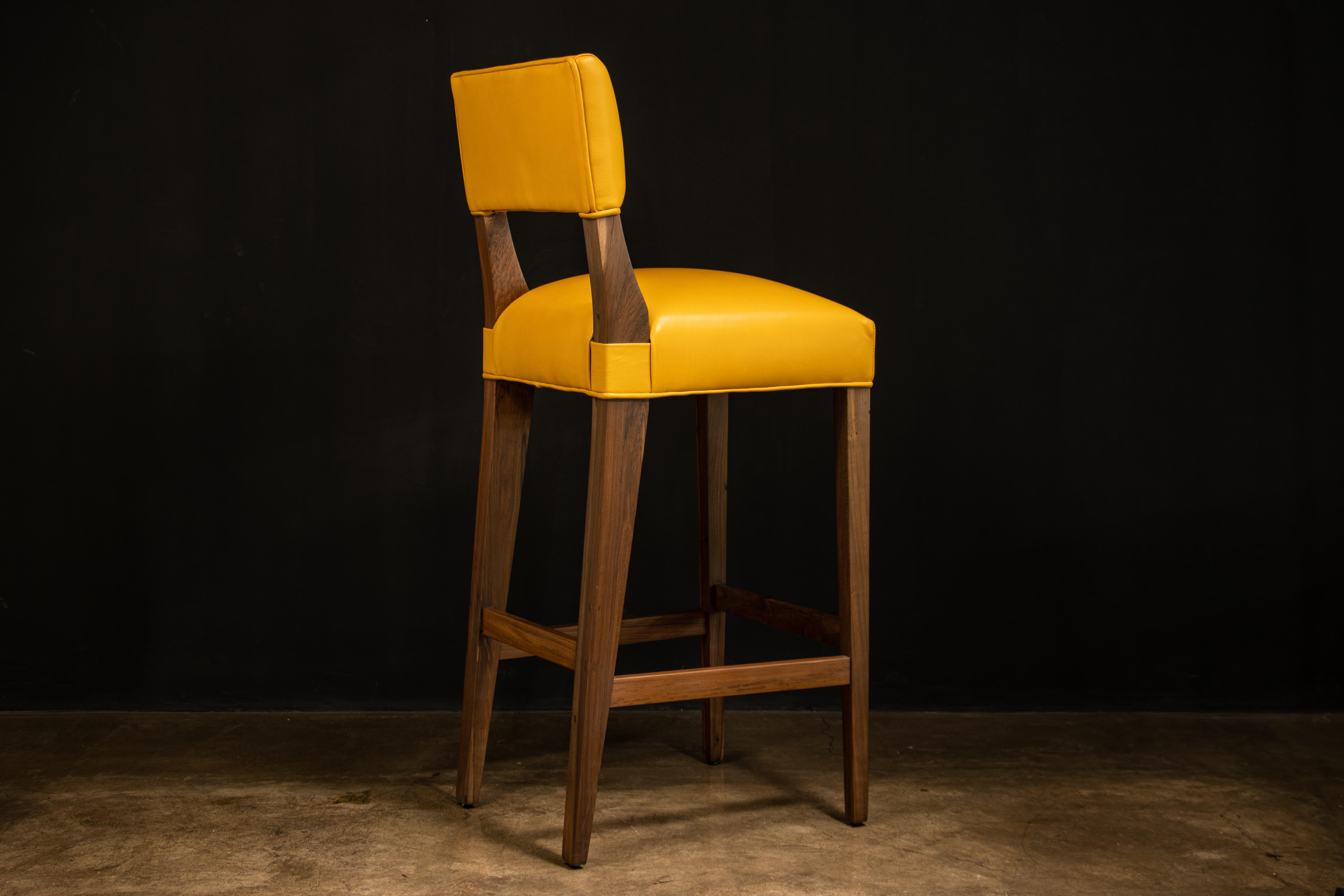 Moderne Bar Stool in Solid Wood and Yellow Leather by Costantini, Bruno, In Stock en vente