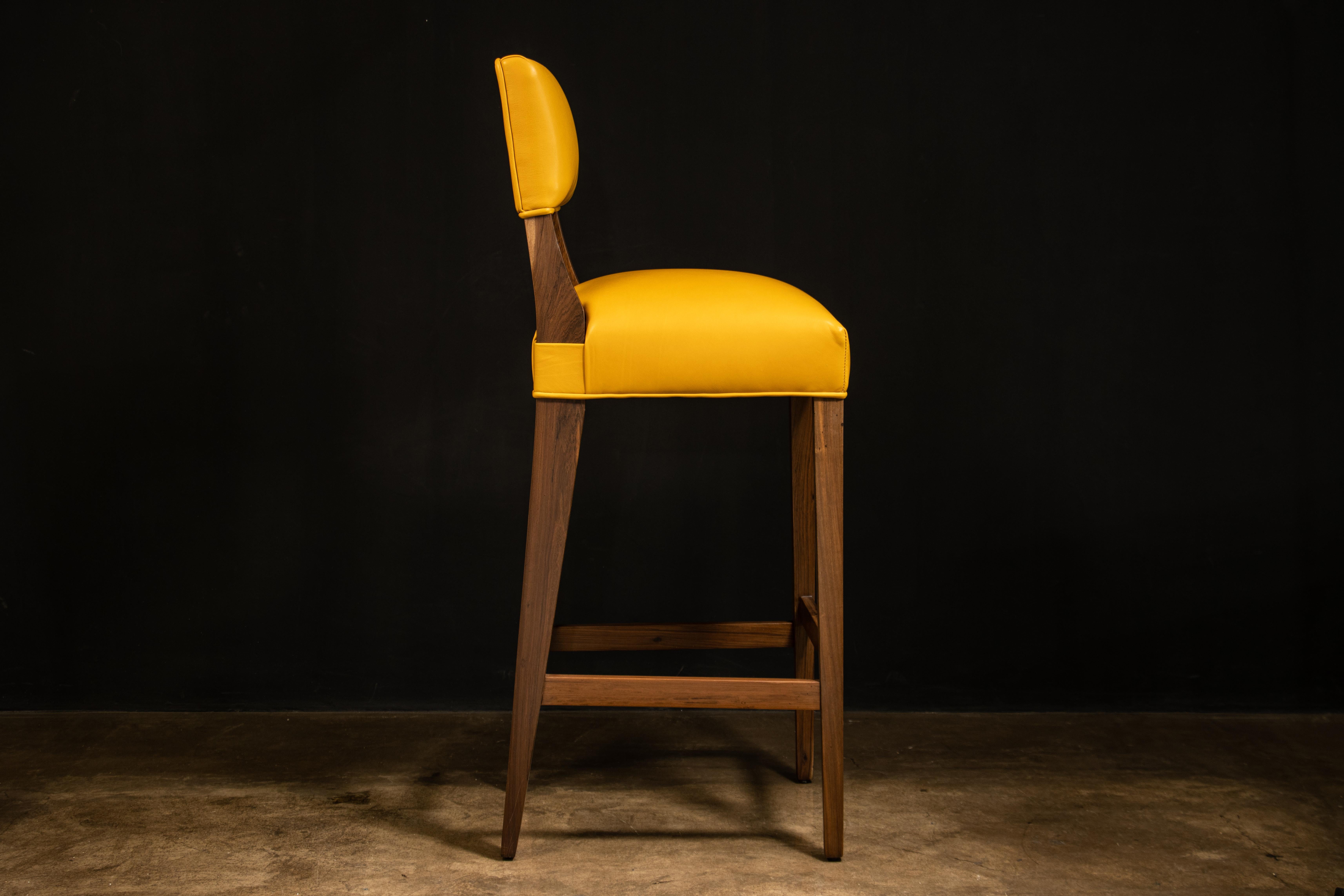 Argentin Bar Stool in Solid Wood and Yellow Leather by Costantini, Bruno, In Stock en vente