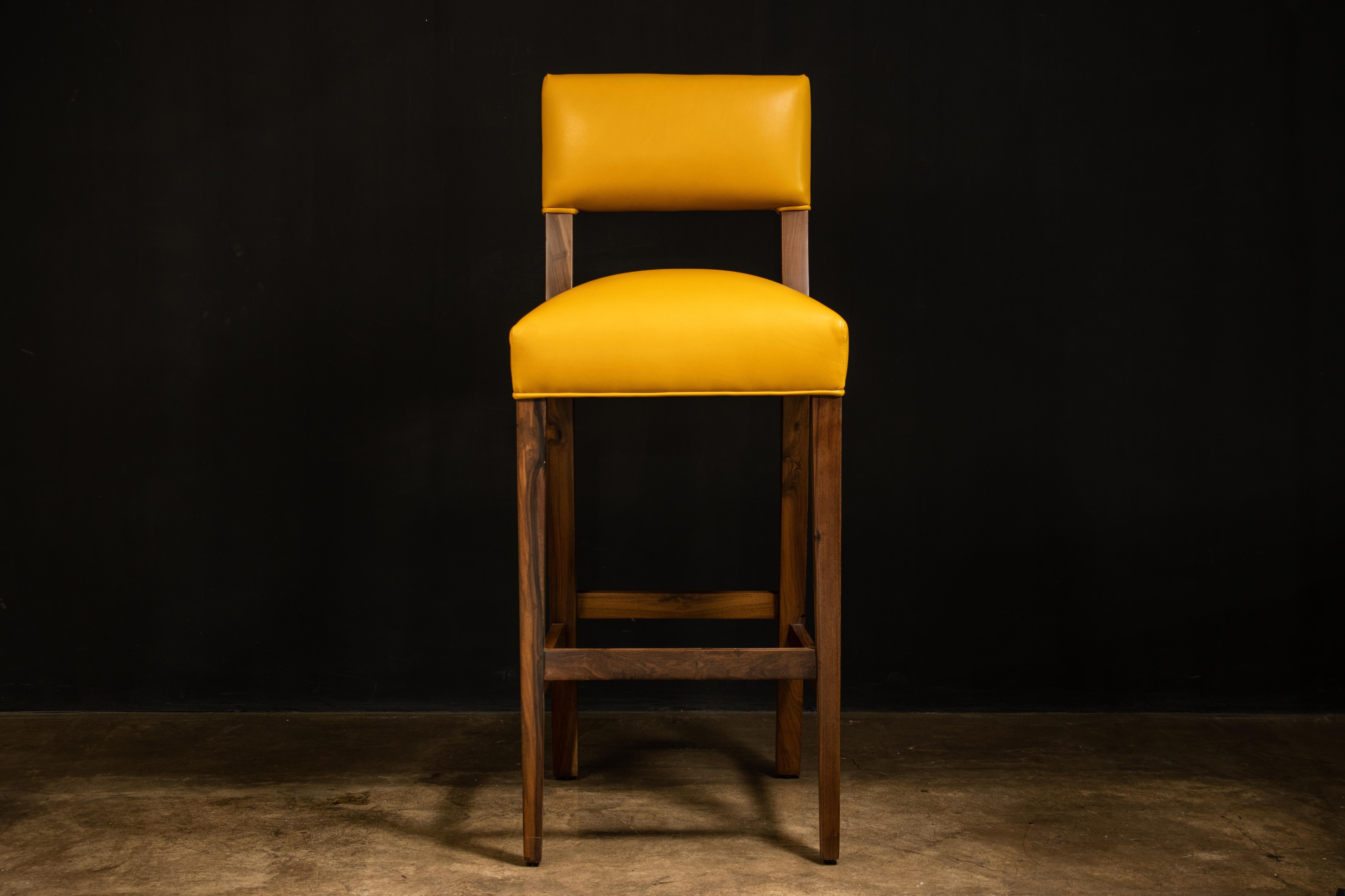 Travail du bois Bar Stool in Solid Wood and Yellow Leather by Costantini, Bruno, In Stock en vente