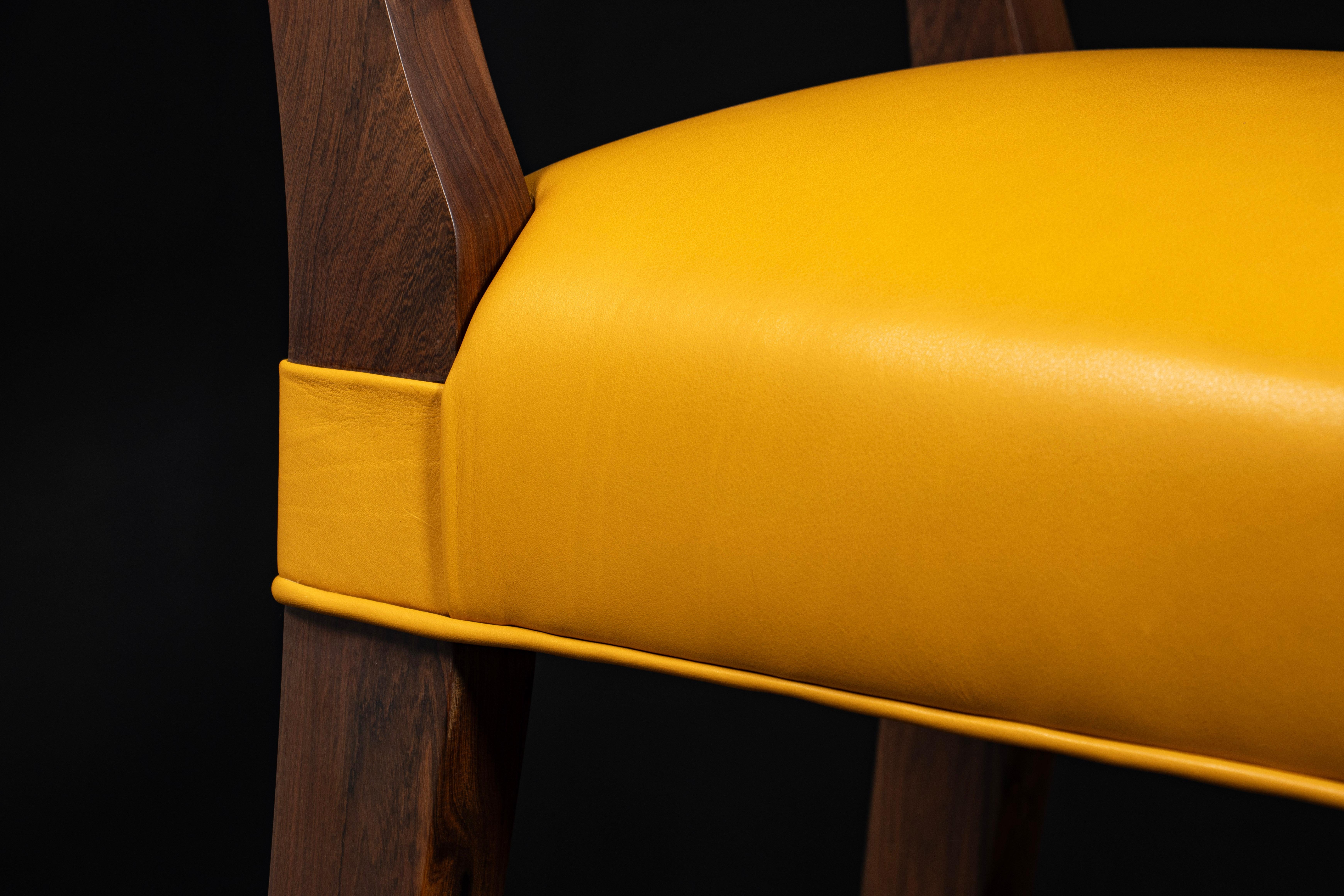 Cuir Bar Stool in Solid Wood and Yellow Leather by Costantini, Bruno, In Stock en vente
