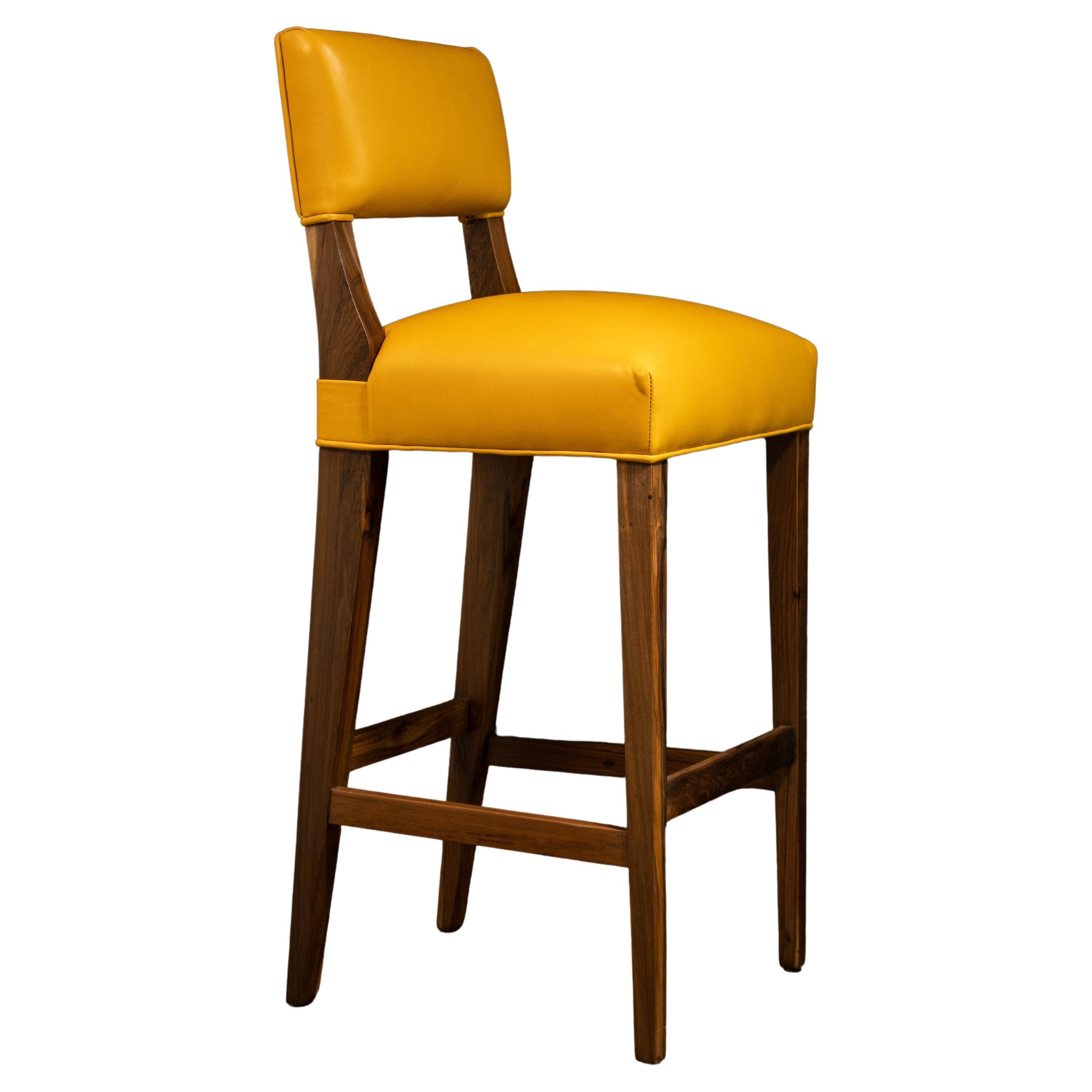 Bar Stool in Solid Wood and Yellow Leather by Costantini, Bruno, In Stock