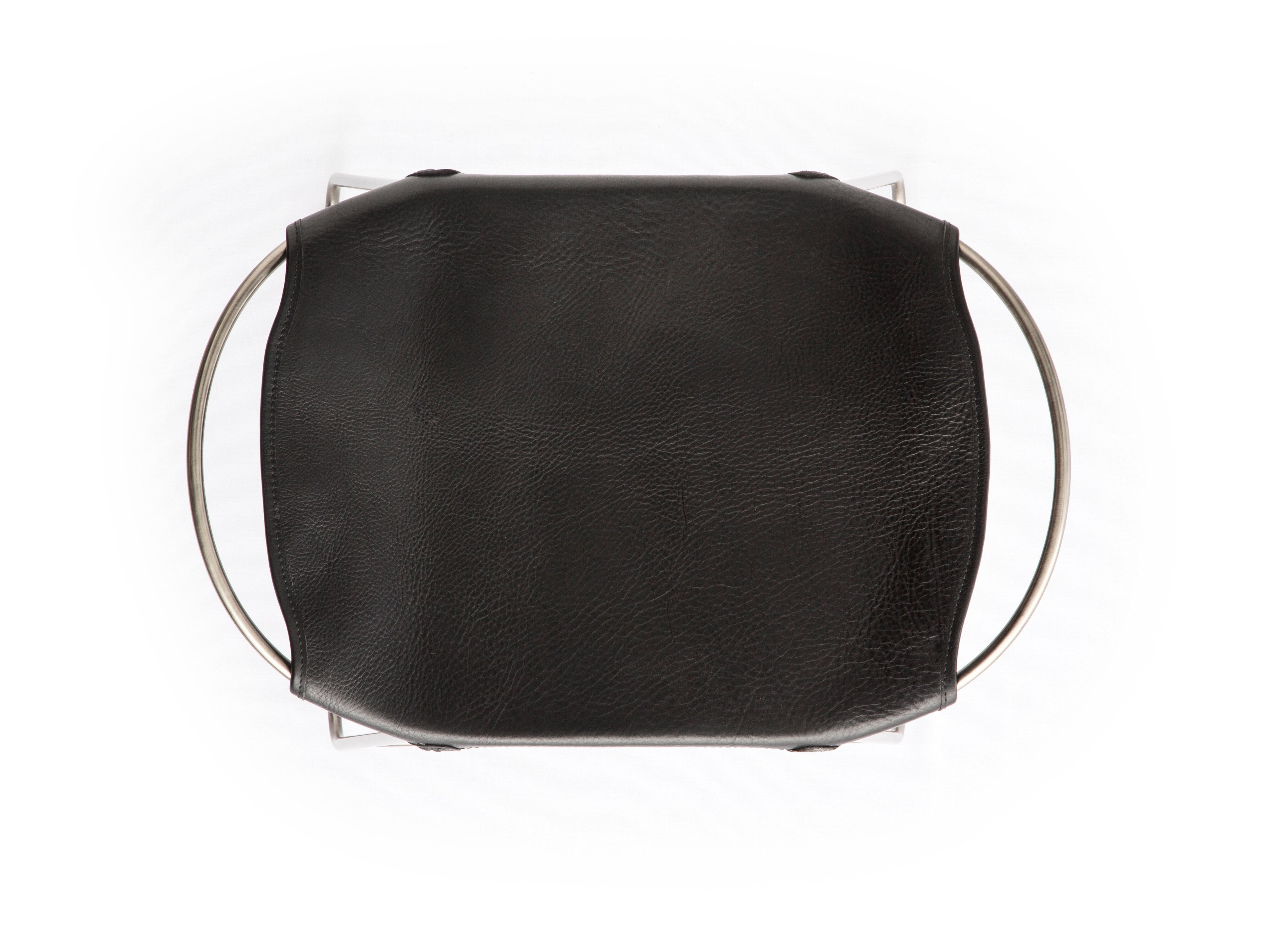 Modern Sculptural Organic Contemporary Bar Stool Old Silver Metal & Black Leather For Sale