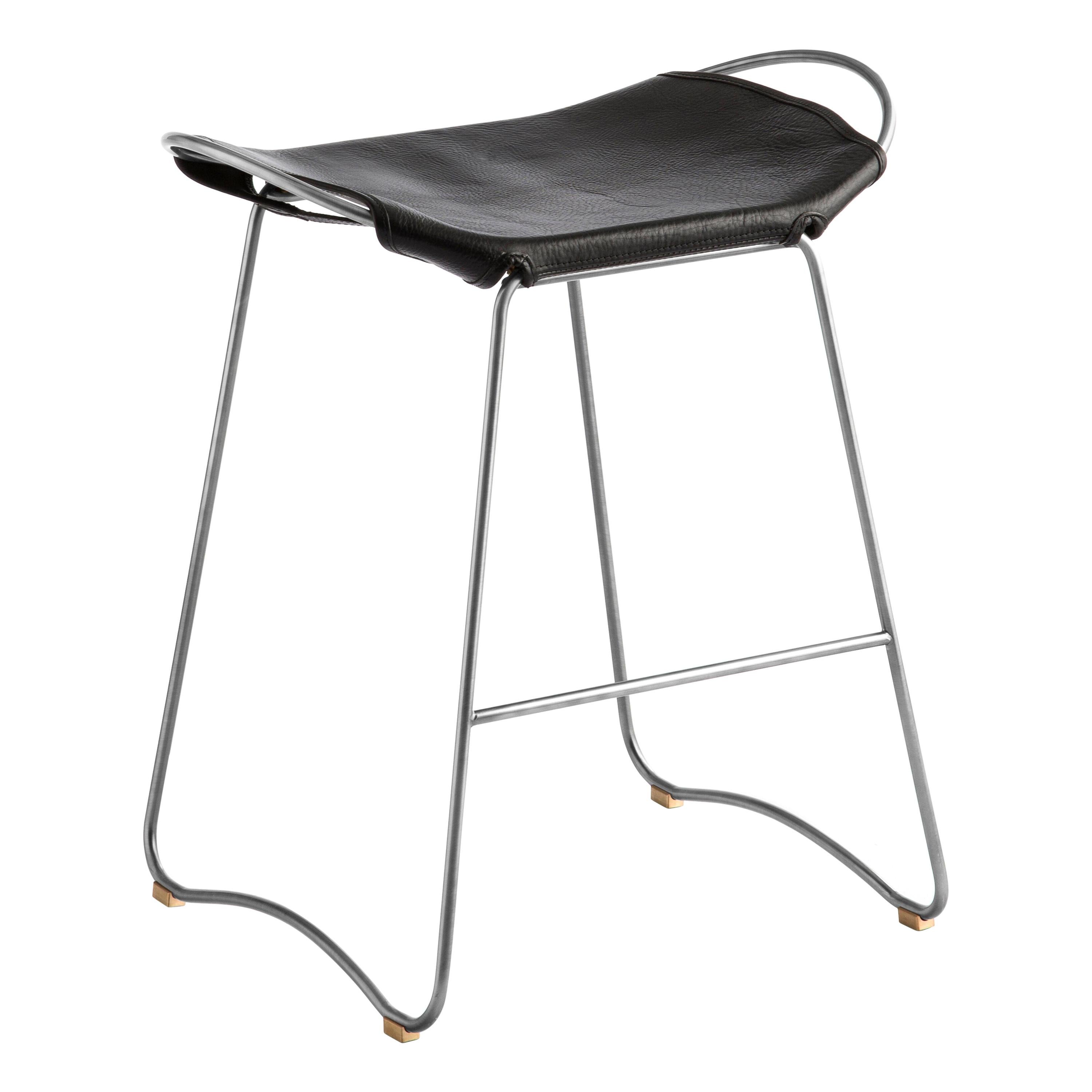 Sculptural Organic Contemporary Bar Stool Old Silver Metal & Black Leather  For Sale