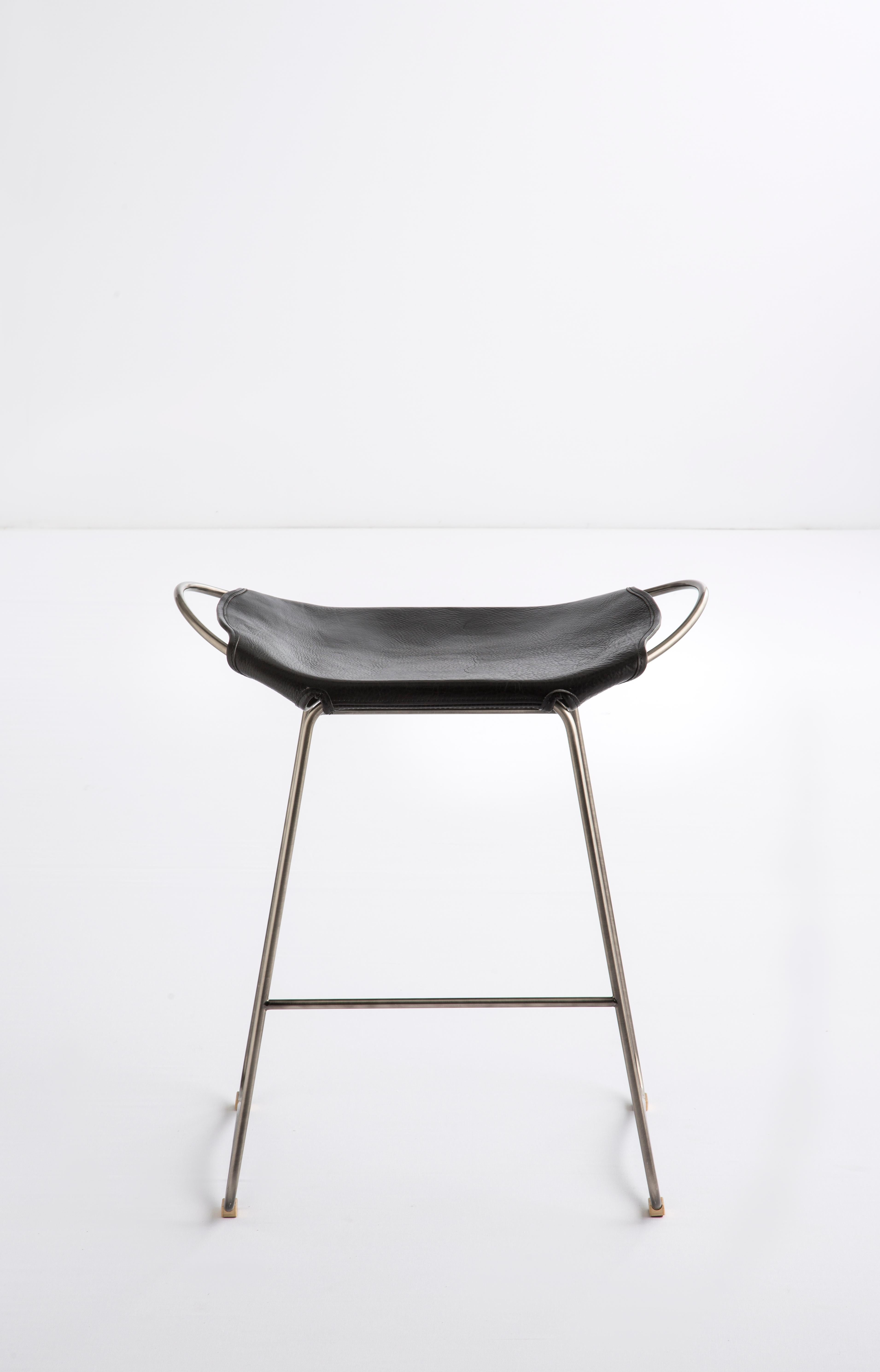 Spanish Sculptural Organic Contemporary Bar Stool Old Silver Metal & Black Leather For Sale