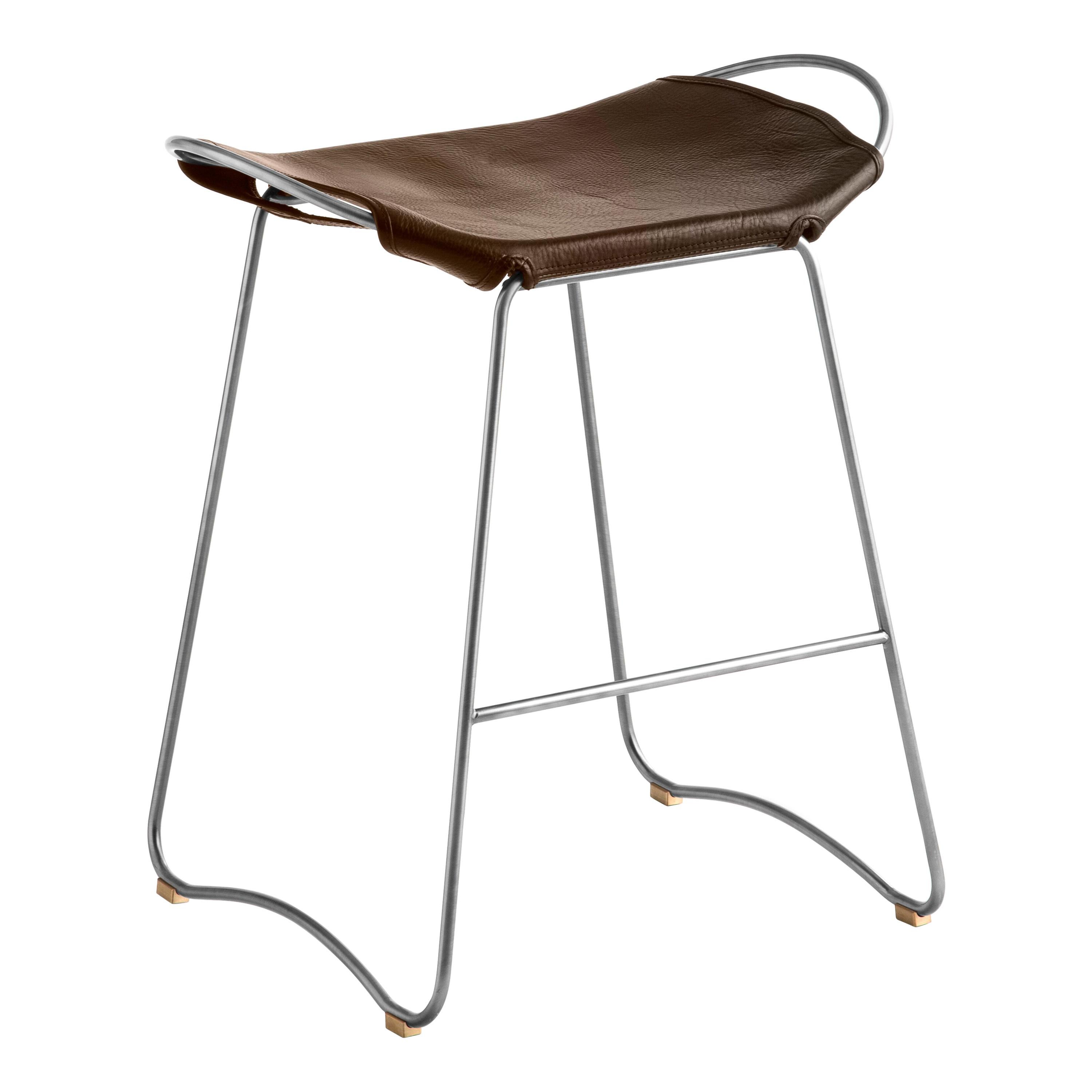 Organic Contemporary Bar Stool, Old Silver Metal & Dark Brown Leather For Sale