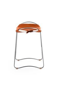 Organic Design Contemporary Bar Stool Old Silver Metal & Natural Tobacco Leather