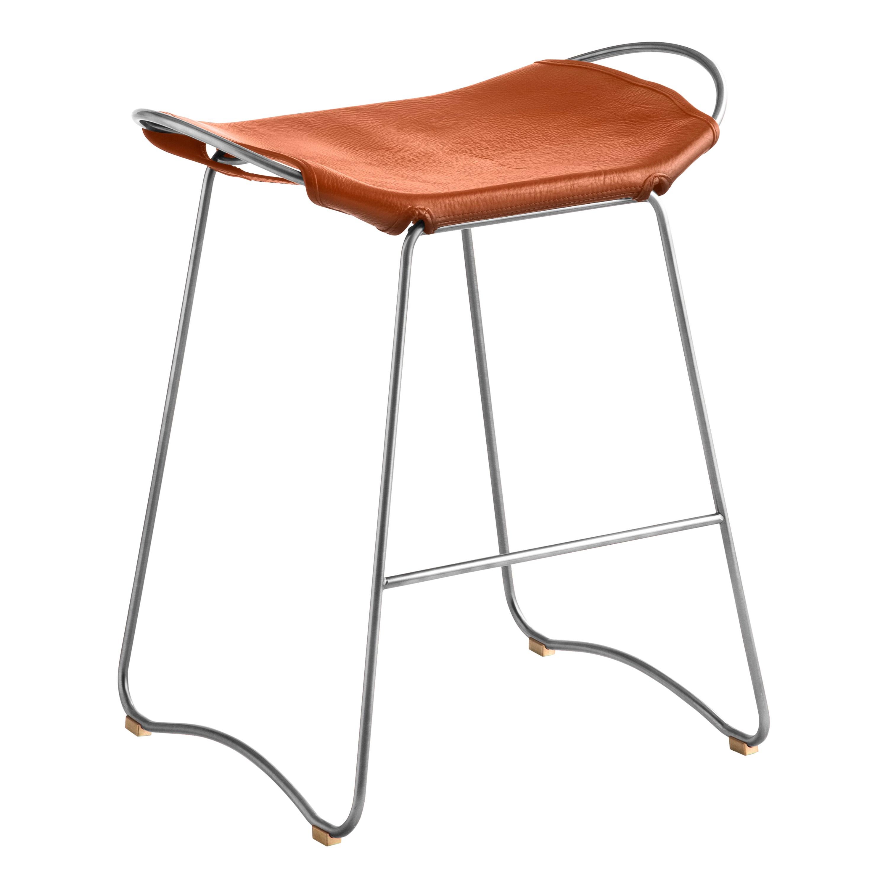 Bar Stool, Old Silver Steel and Natural Tobacco Leather, Contemporary Style