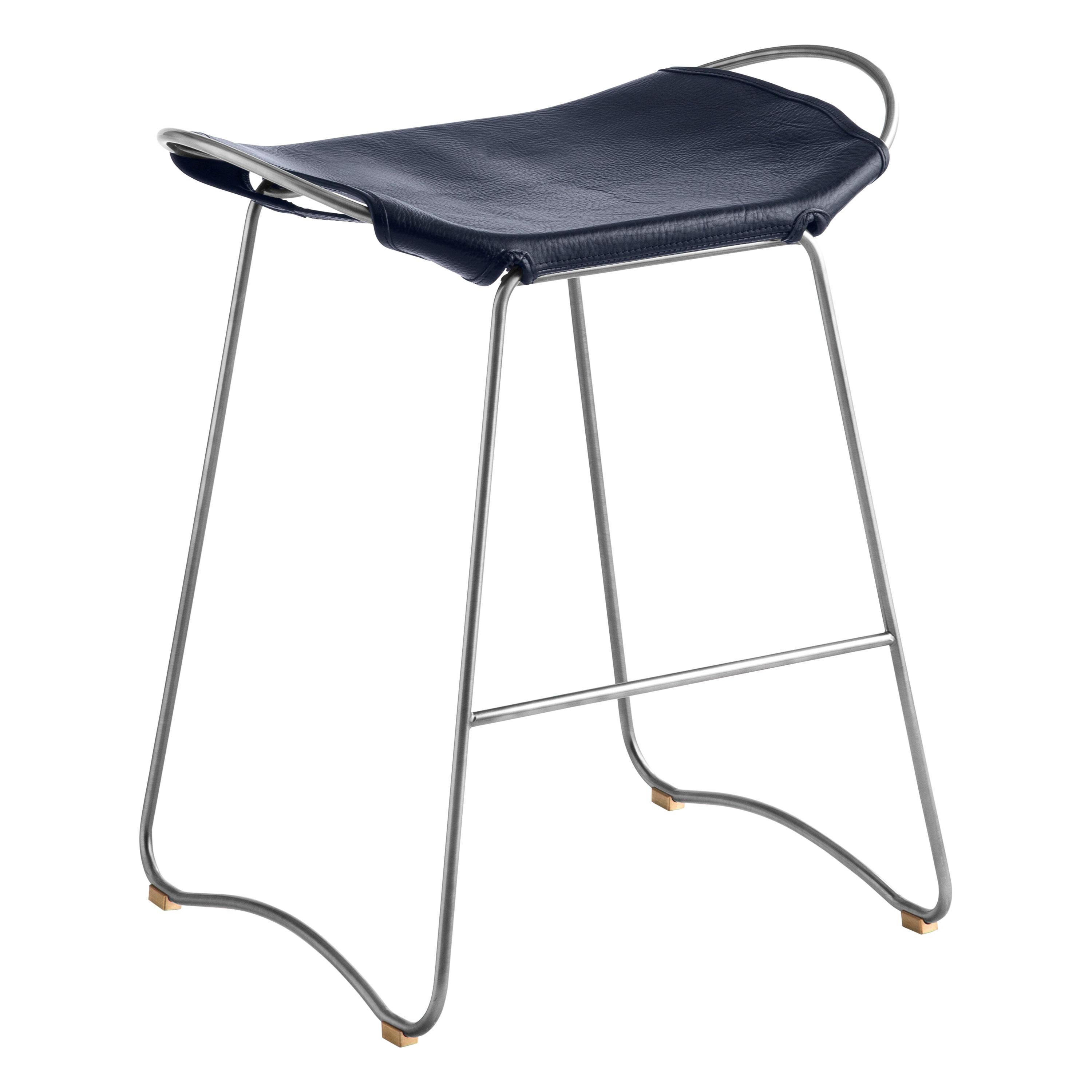 Bar Stool, Old Silver Steel and Navy Blue Saddle Leather, Contemporary Style For Sale