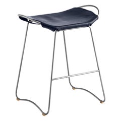 Bar Stool, Old Silver Steel and Navy Blue Saddle Leather, Contemporary Style