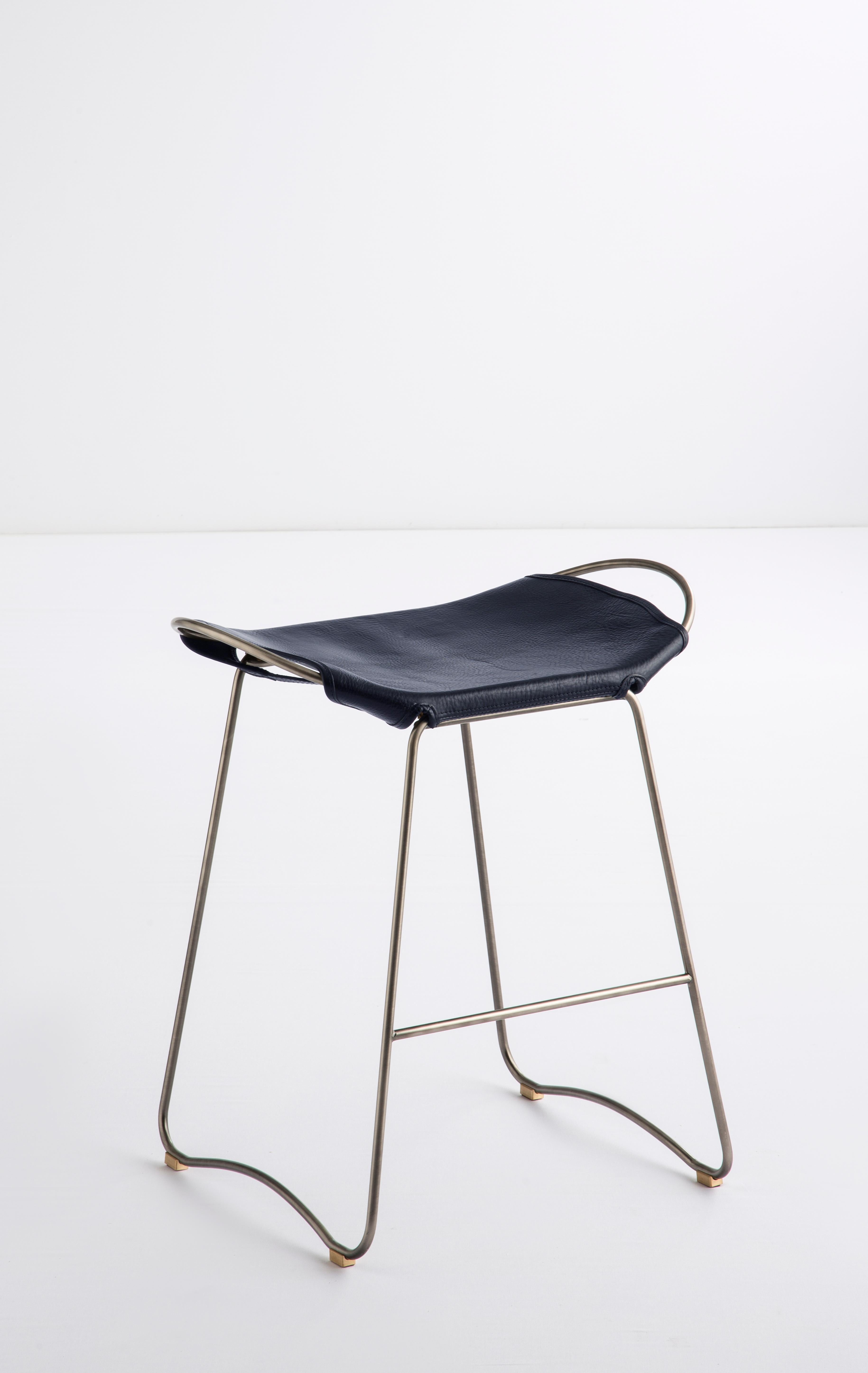 Spanish Bar Stool, Old Silver Steel and Navy Blue Saddle Leather, Contemporary Style For Sale