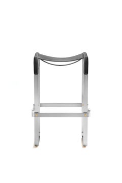 Classic Contemporary Bar Stool Silver Aged Steel & Black Leather