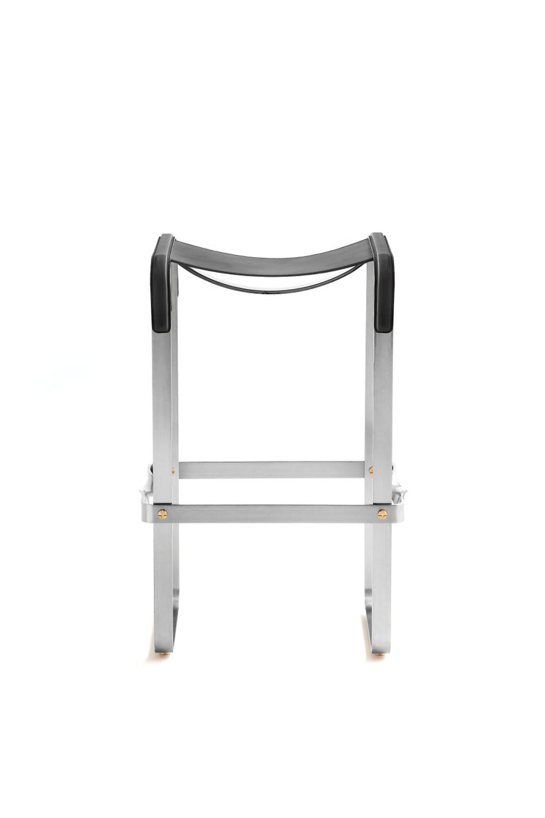 Classic Contemporary Bar Stool Silver Aged Steel and Black Leather For Sale  at 1stDibs