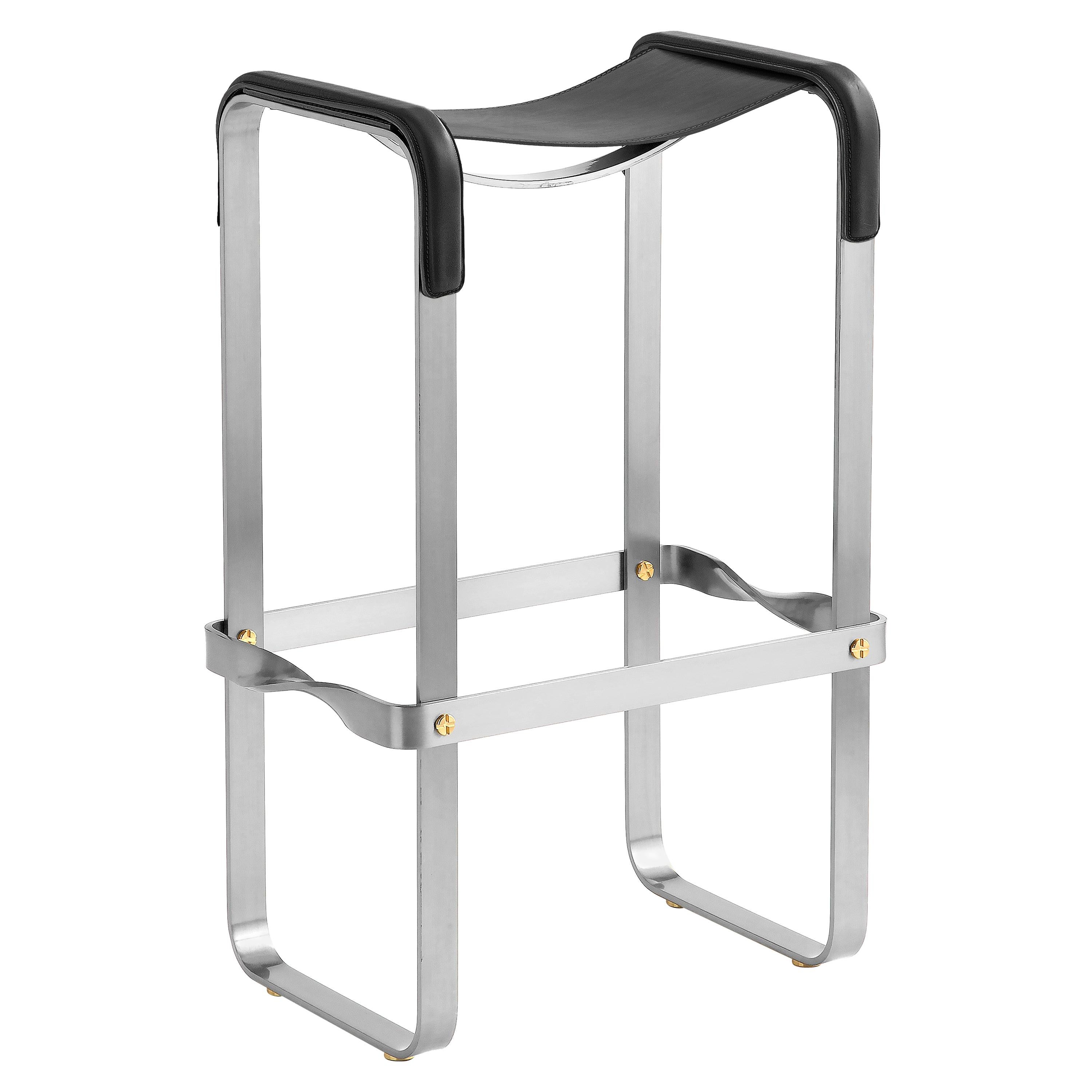 Classic Contemporary Barhocker Silver Aged Steel & Black Leather