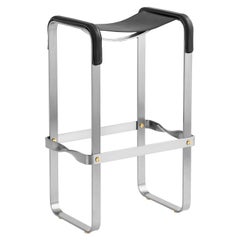 Bar Stool Silver Aged Steel & Black Saddle Leather Contemporary Style