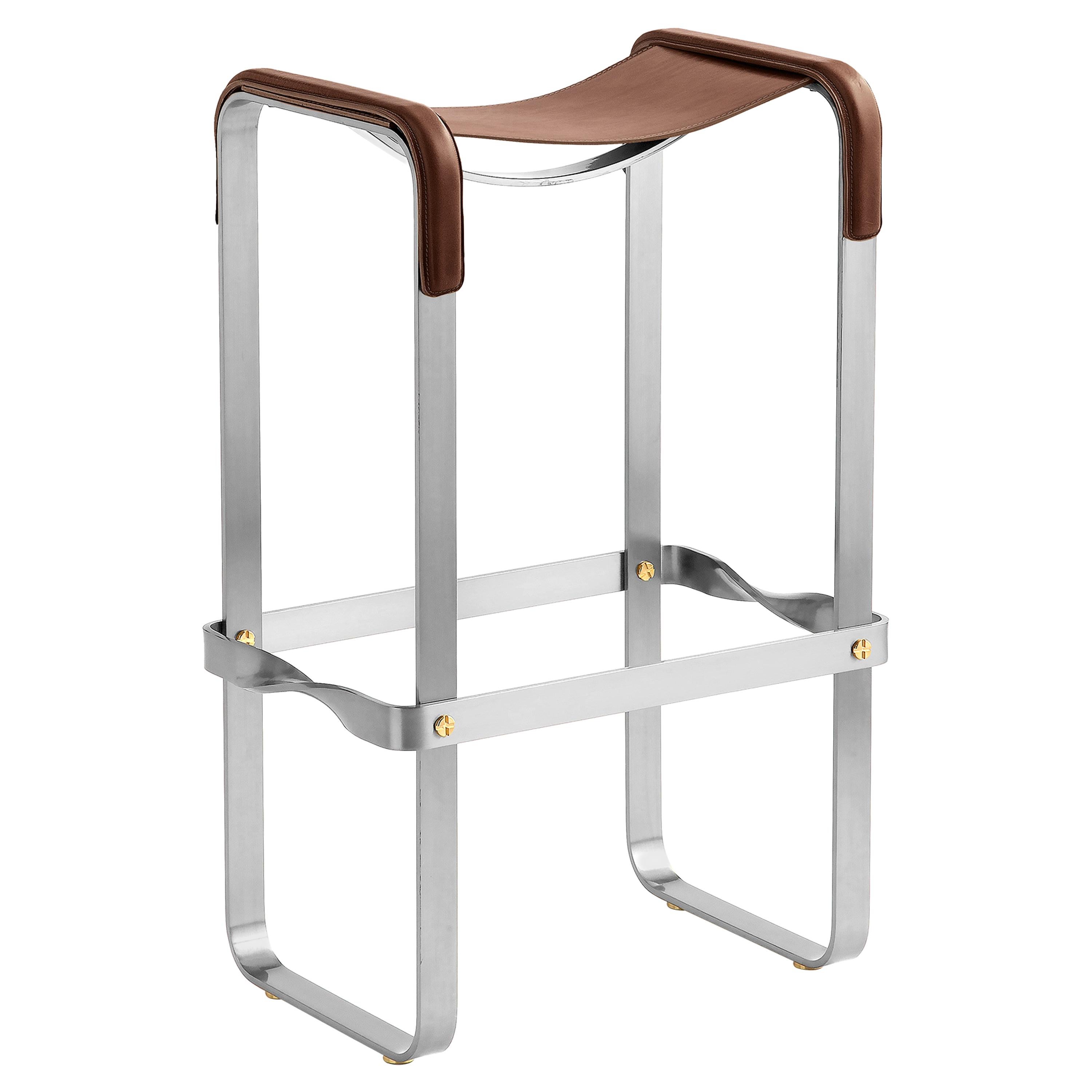 Elegant Classic Contemporary Bar Stool Silver Aged Metal & Dark Brown Leather For Sale