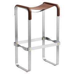 Bar Stool Silver Aged Steel & Dark Brown Saddle Leather Contemporary Style