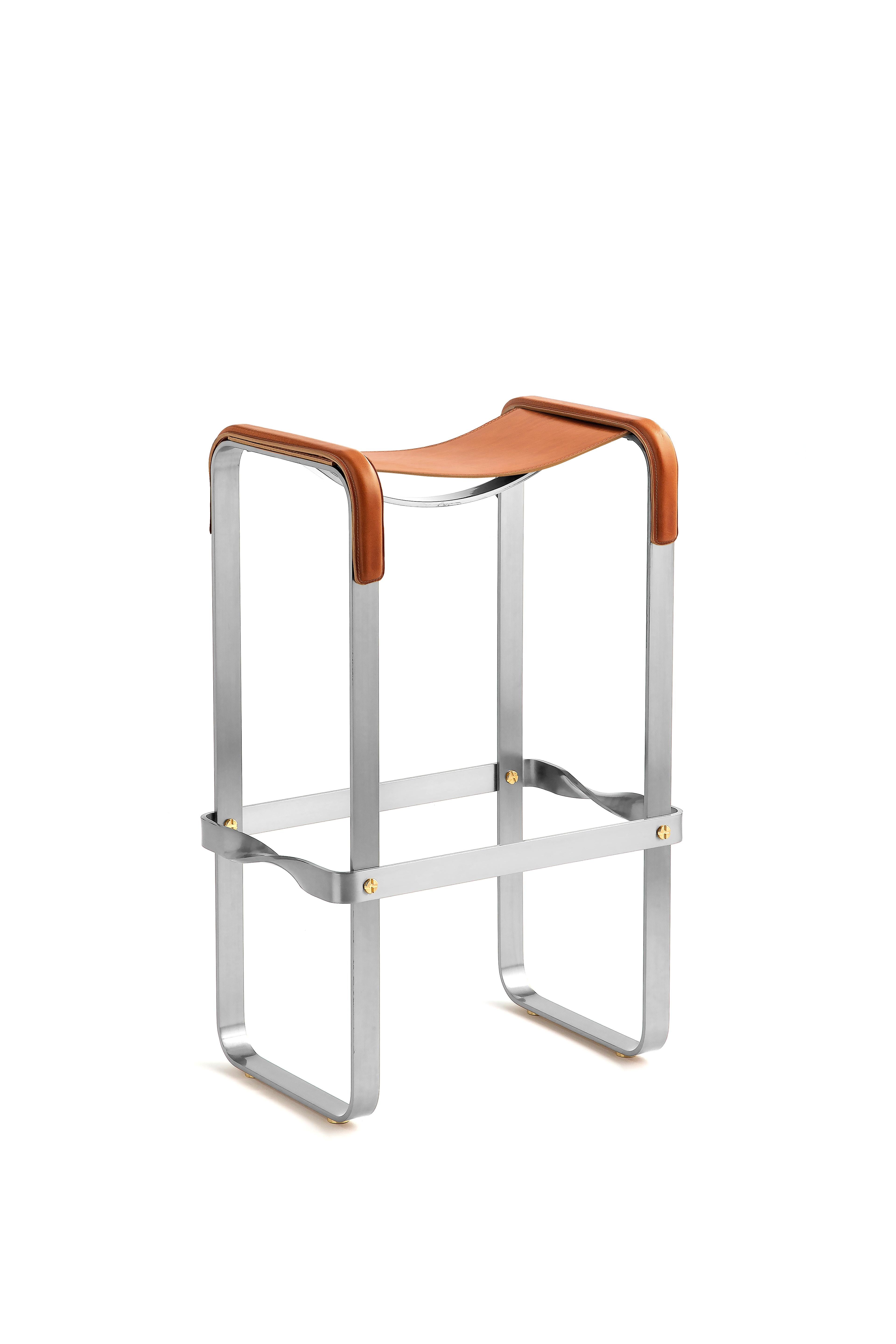Vegetable Dyed Bar Stool Silver Aged Steel & Natural Tobacco Saddle Leather Contemporary Style For Sale