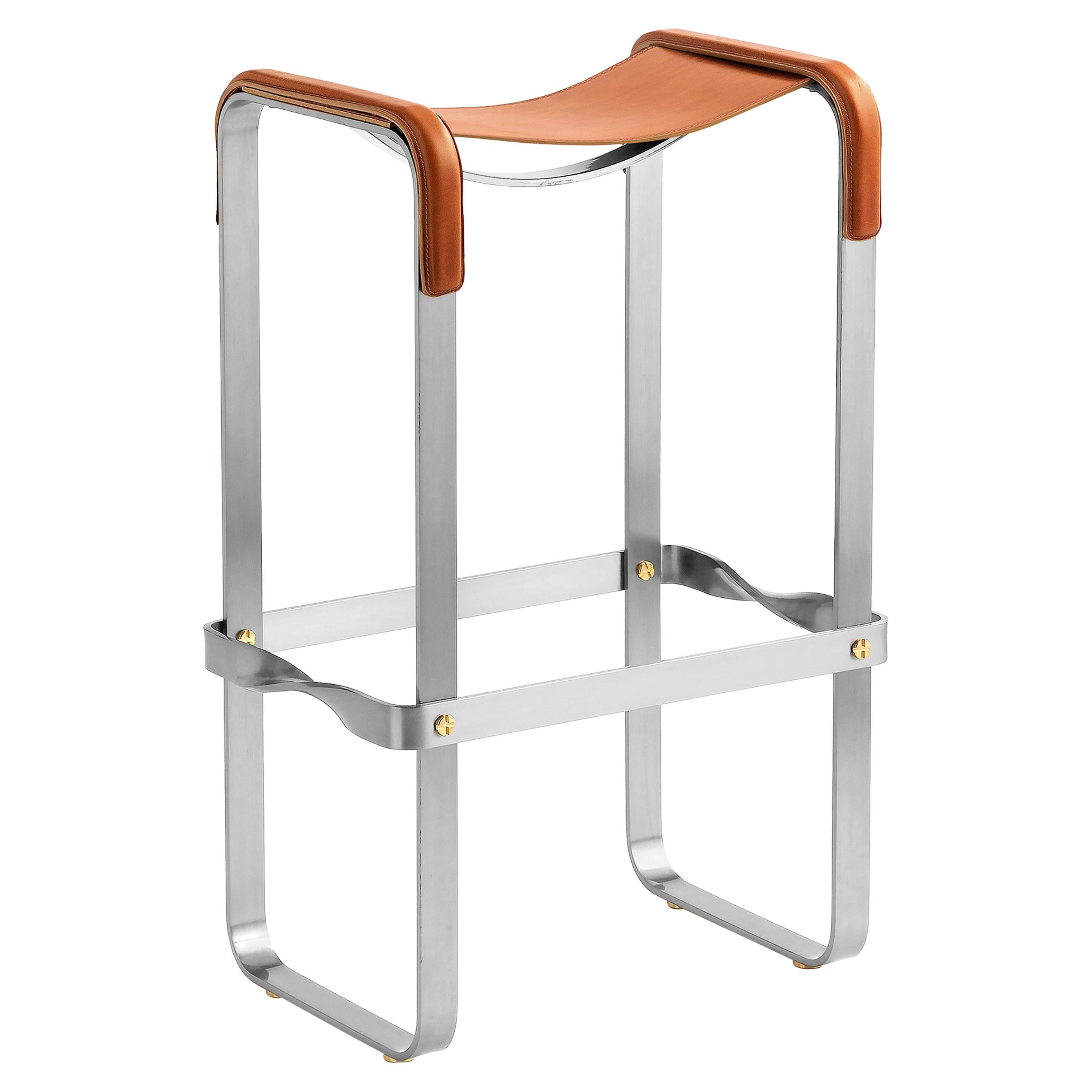 Bar Stool Silver Aged Steel & Natural Tobacco Saddle Leather Contemporary Style
