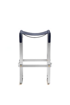 Classic Contemporary Artisan Bar Stool Silver Aged Metal & Navy Blue Leather