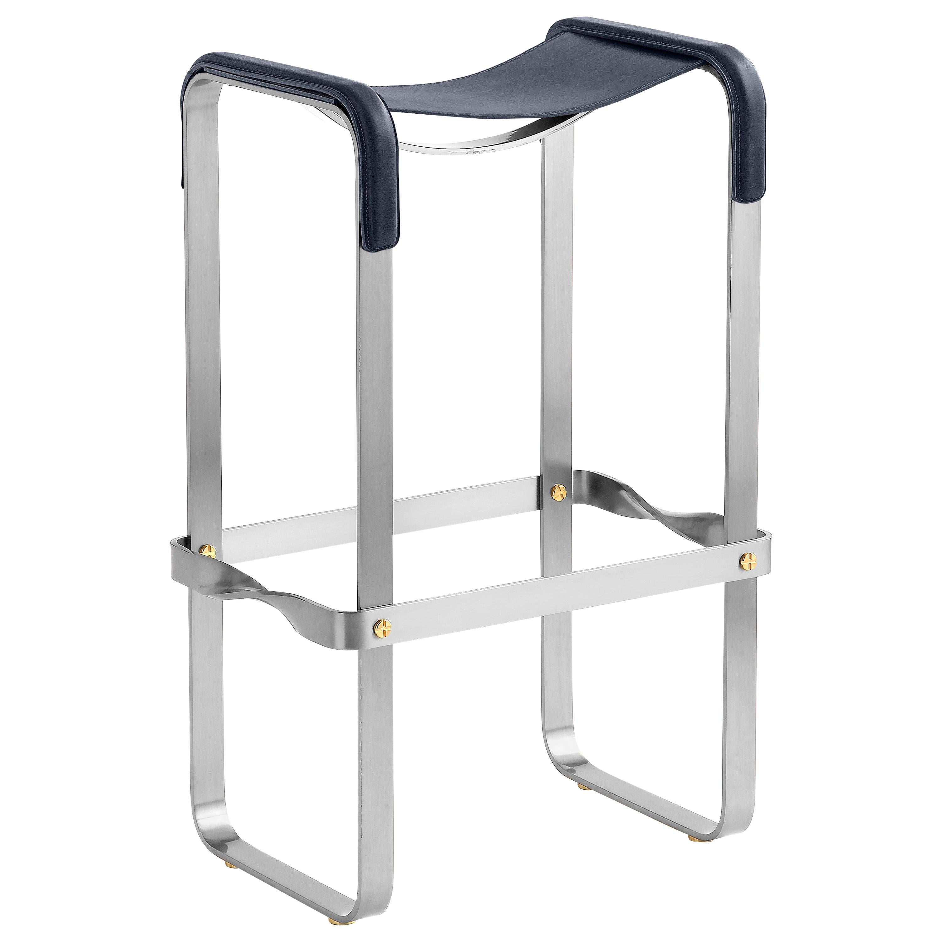 Classic Contemporary Artisan Bar Stool Silver Aged Metal & Navy Blue Leather For Sale