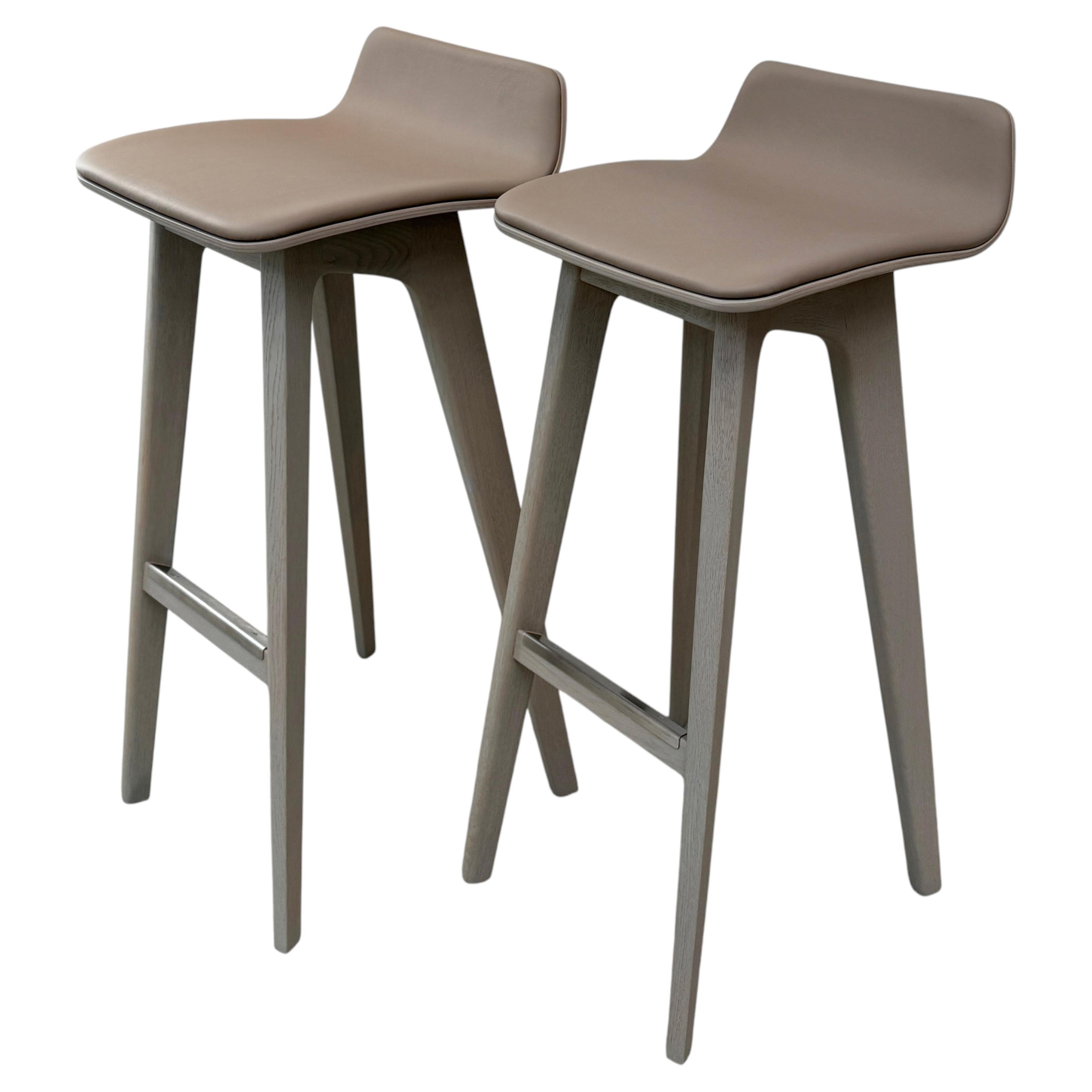 Bar Stool, Upholstered Leather Design, Light Warm Grey Oak Frame, Germany For Sale