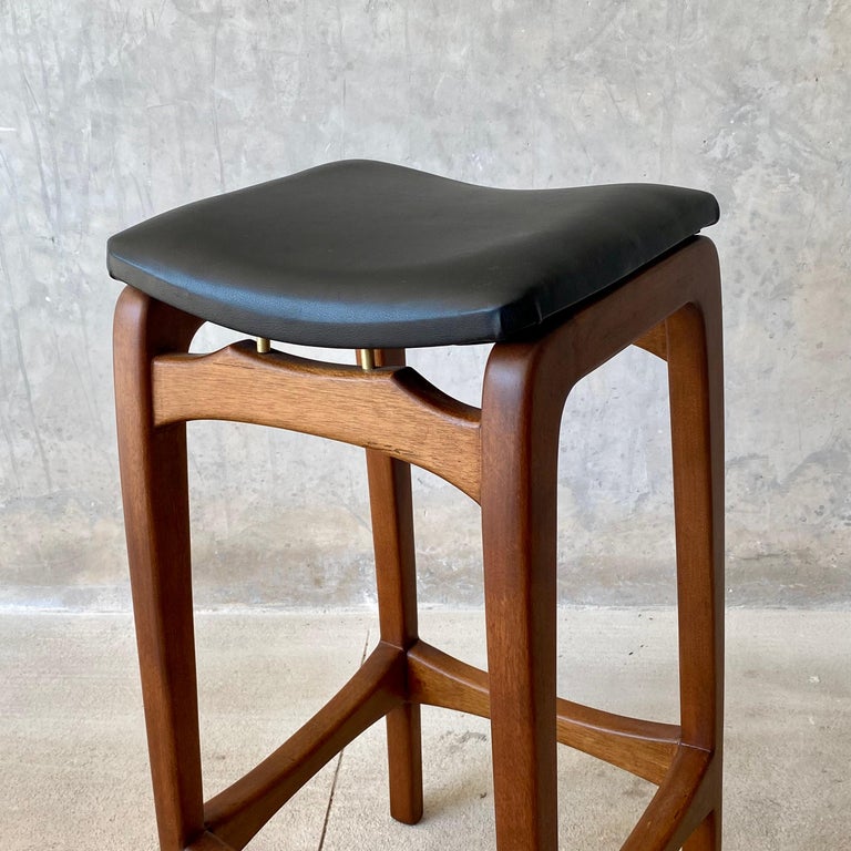 Mid-Century Modern Bar Stool, Utility Bar Stool, Walnut and Faux Leather For Sale