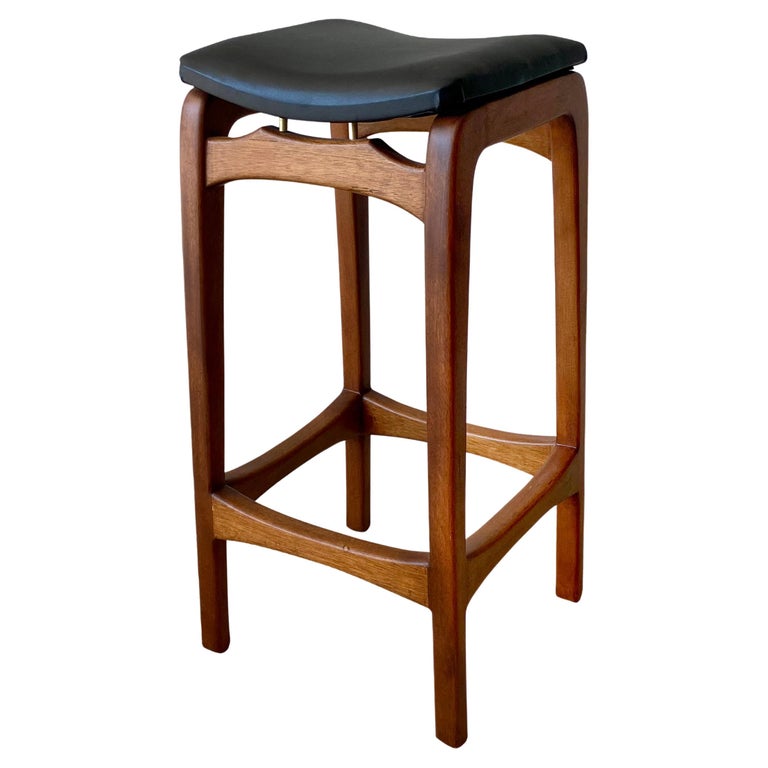 Bar Stool, Utility Bar Stool, Walnut and Faux Leather For Sale