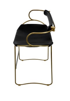 Contemporary Bar Stool w. Backrest Aged Brass Metal and Black Leather