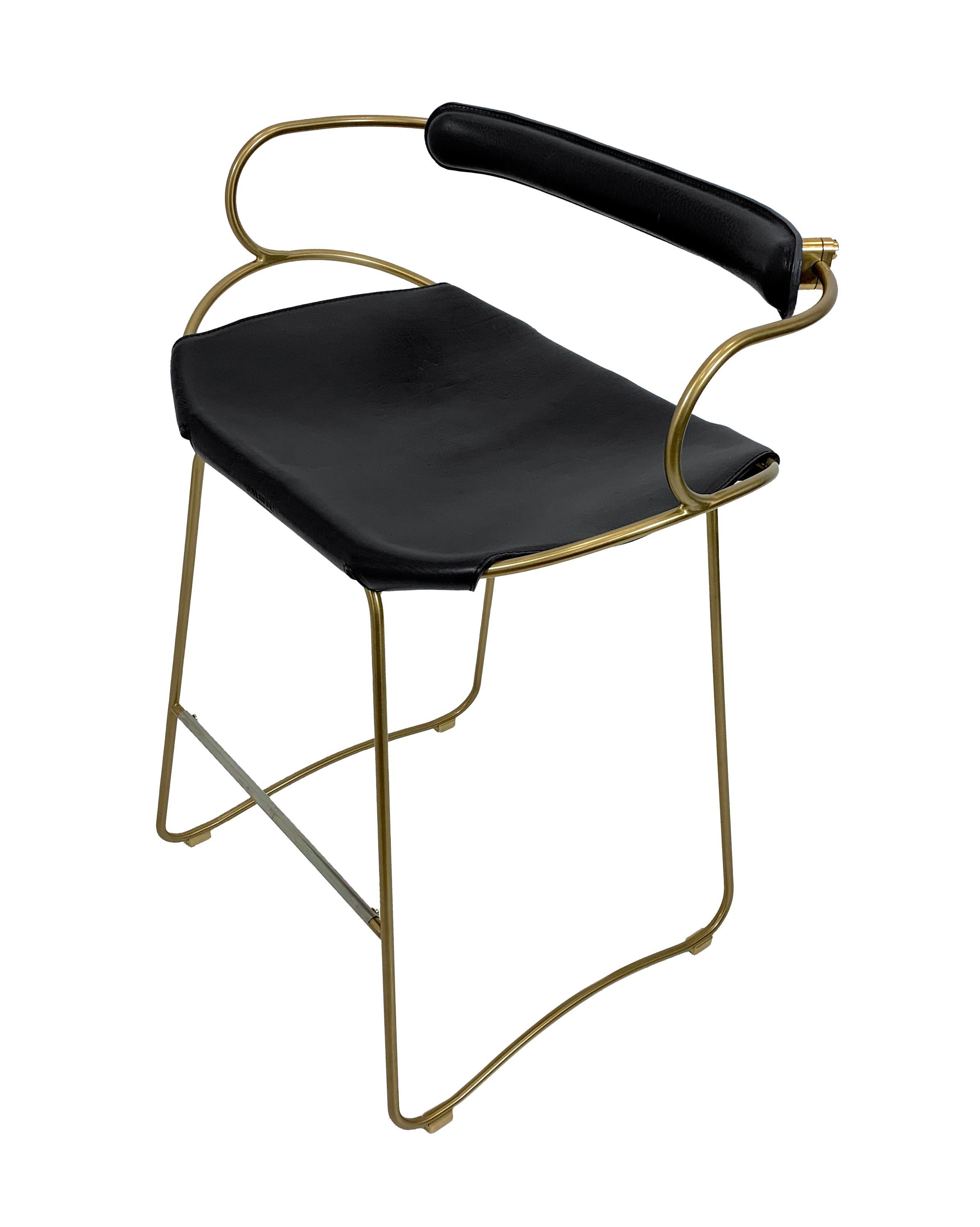 Scandinavian Modern Contemporary Bar Stool w. Backrest Aged Brass Metal and Black Leather For Sale