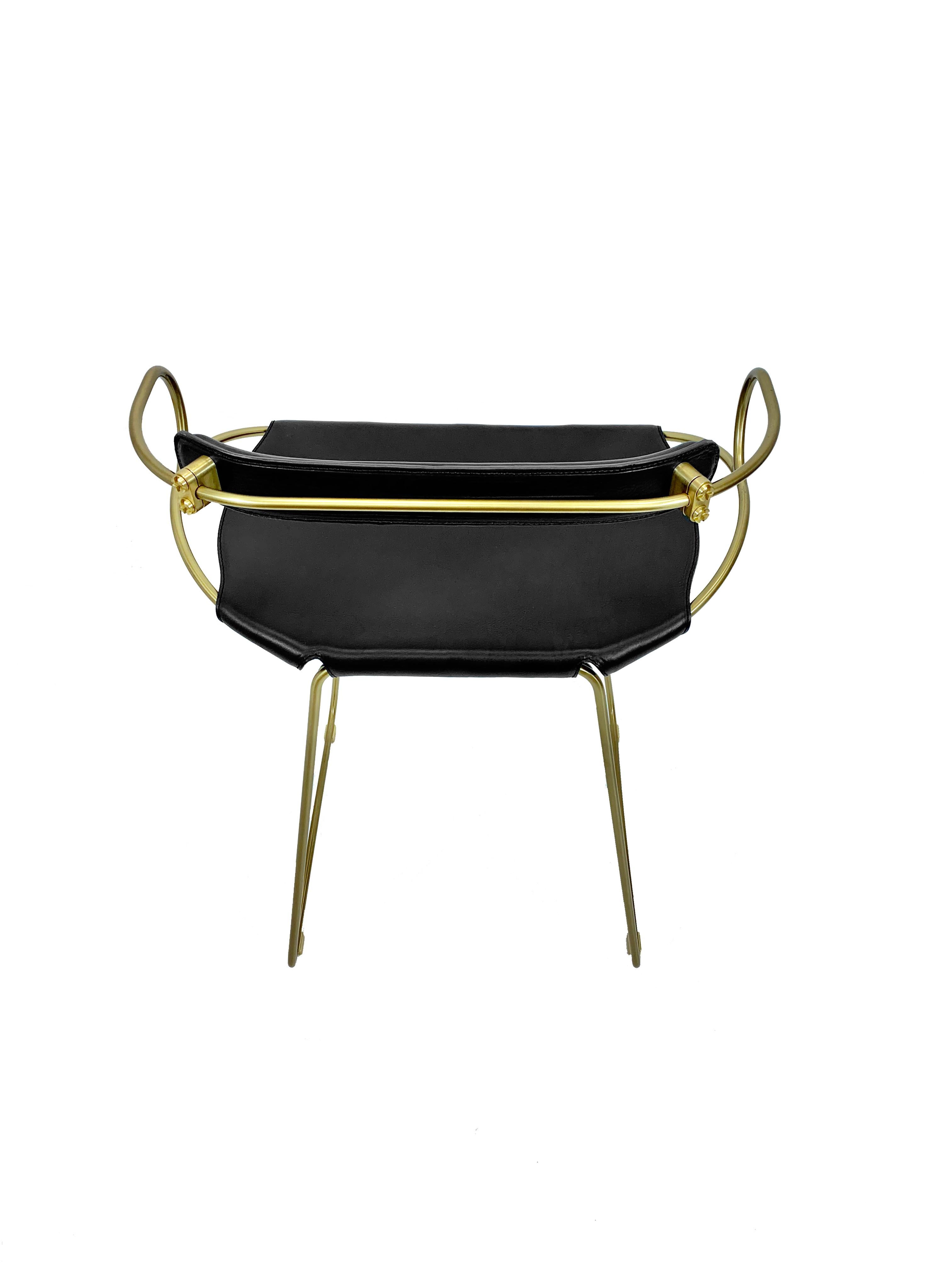 Spanish Contemporary Bar Stool w. Backrest Aged Brass Metal and Black Leather For Sale