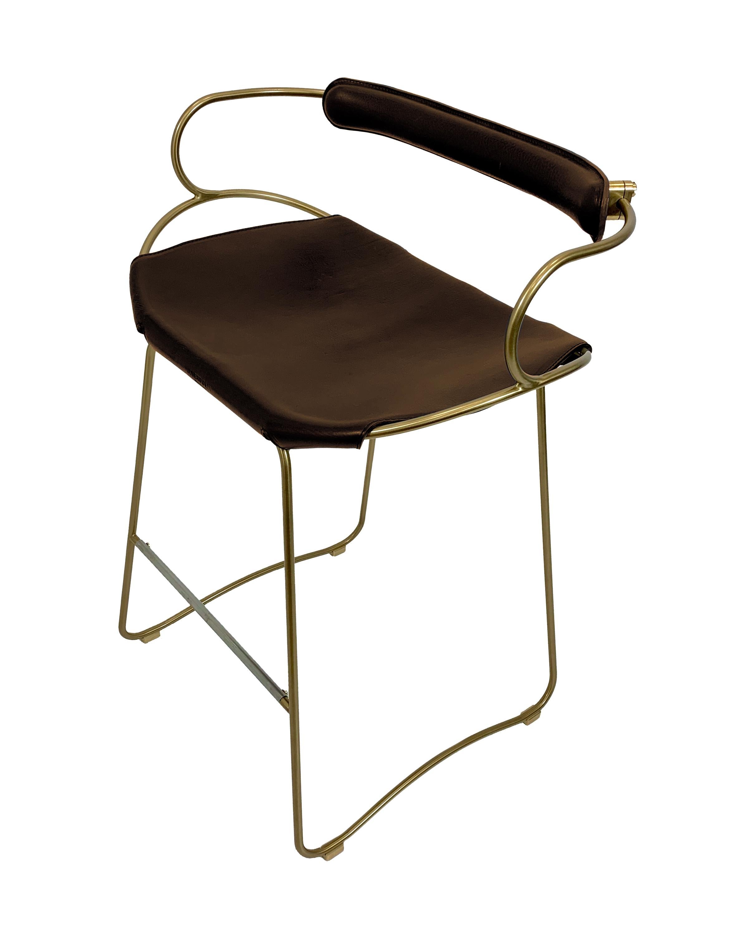 Modern Contemporary Bar Stool w. Backrest Aged Brass Metal & Dark Brown Leather For Sale