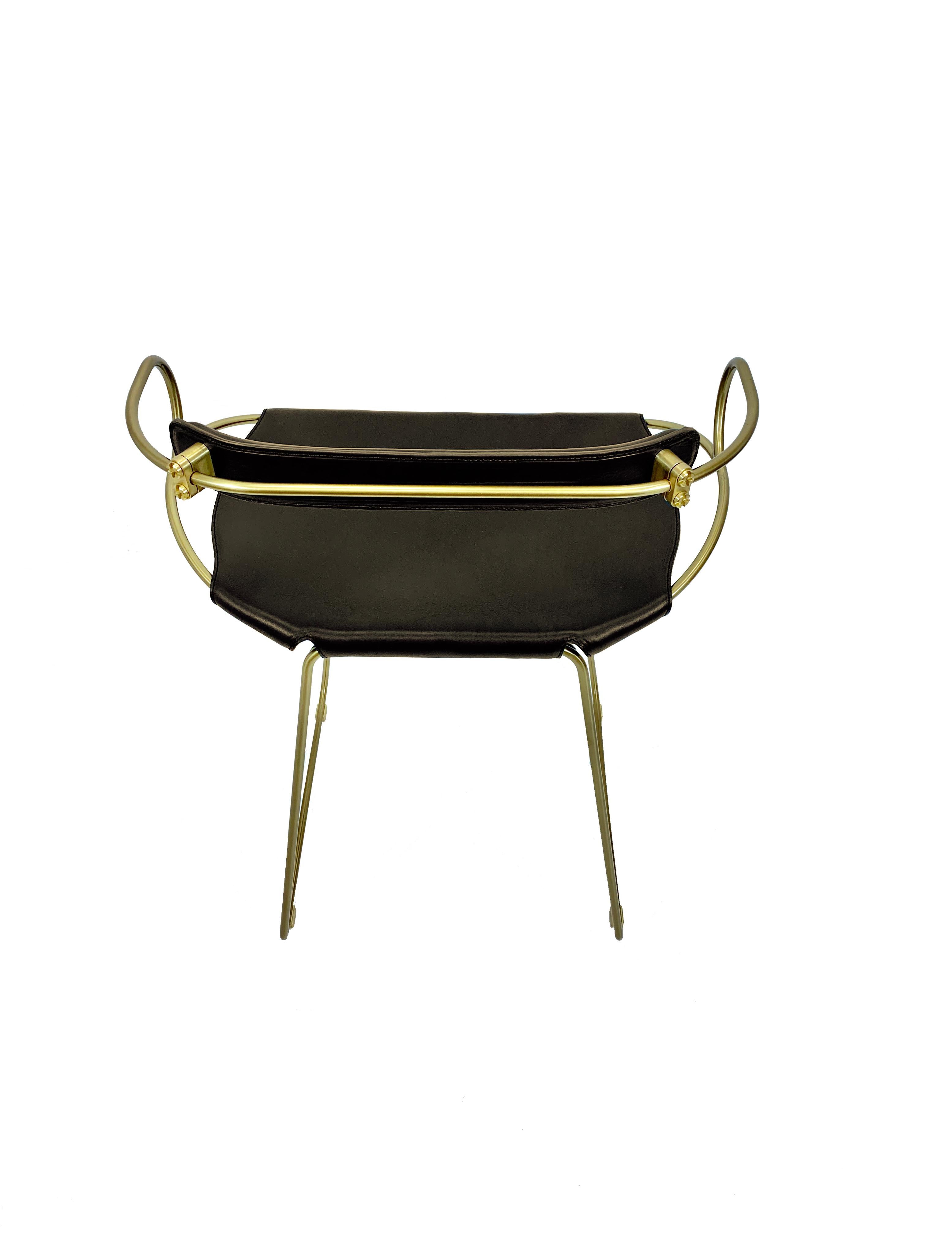 Vegetable Dyed Contemporary Bar Stool w. Backrest Aged Brass Metal & Dark Brown Leather For Sale