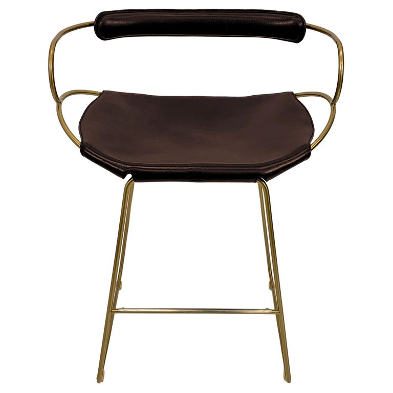 Contemporary Bar Stool w. Backrest Aged Brass Metal and Dark Brown