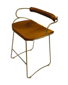 Contemporary Bar Stool w. Backrest Aged Brass Metal & Natural Tobacco Leather