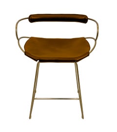 Contemporary Bar Stool w. Backrest Aged Brass Metal & Natural Tobacco Leather