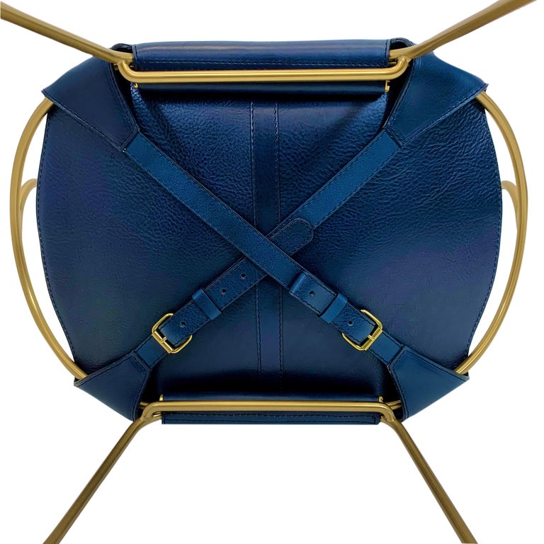 Contemporary Bar Stool w. Backrest Aged Brass Metal and Natural Tobacco