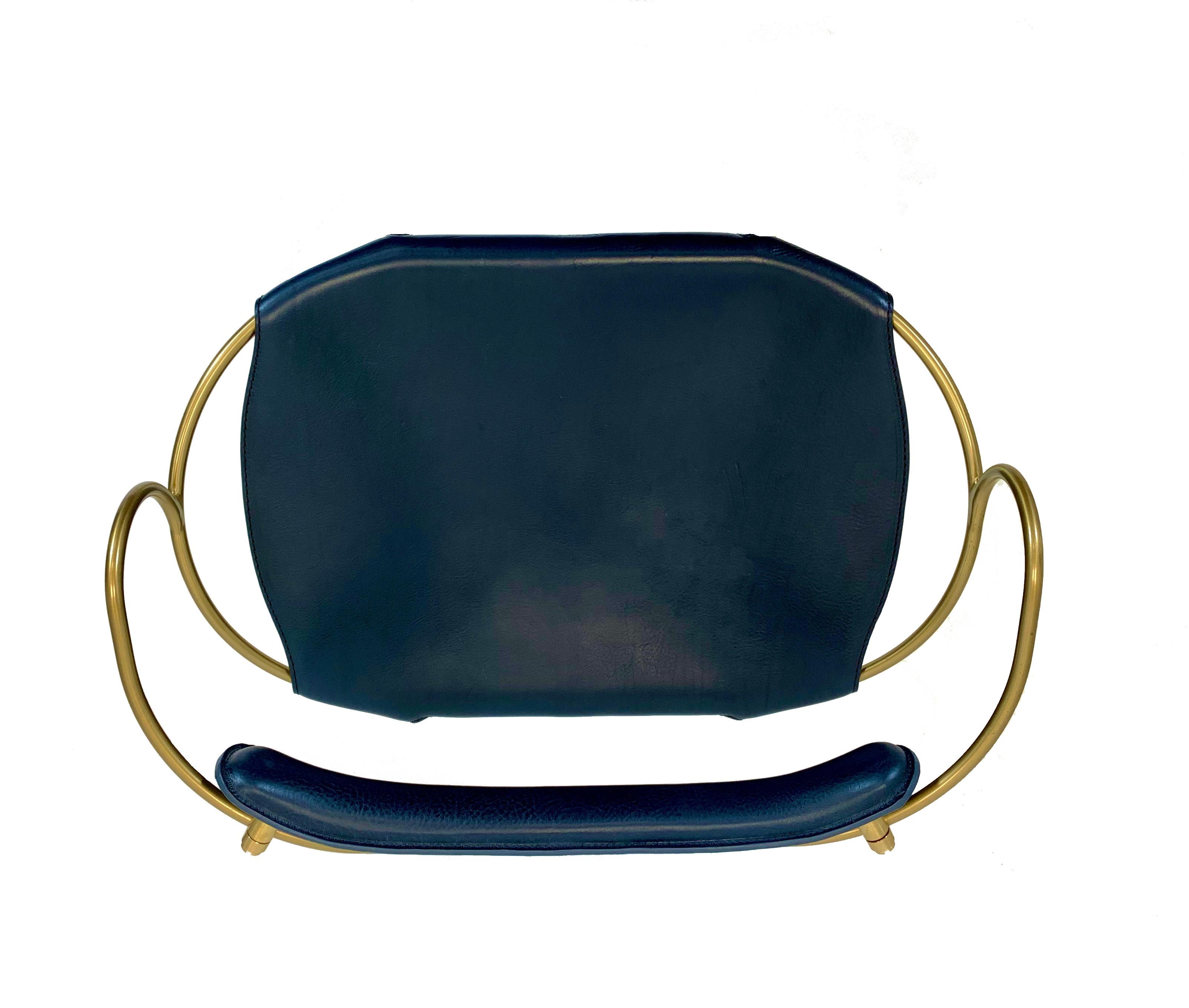 Spanish Sculptural Contemporary Barstool w Backrest Aged Brass Steel & Navy Blue Leather For Sale